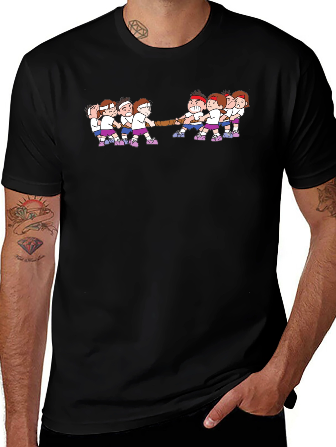 Tug-of-War Cartoon Graphic Black T-Shirt
