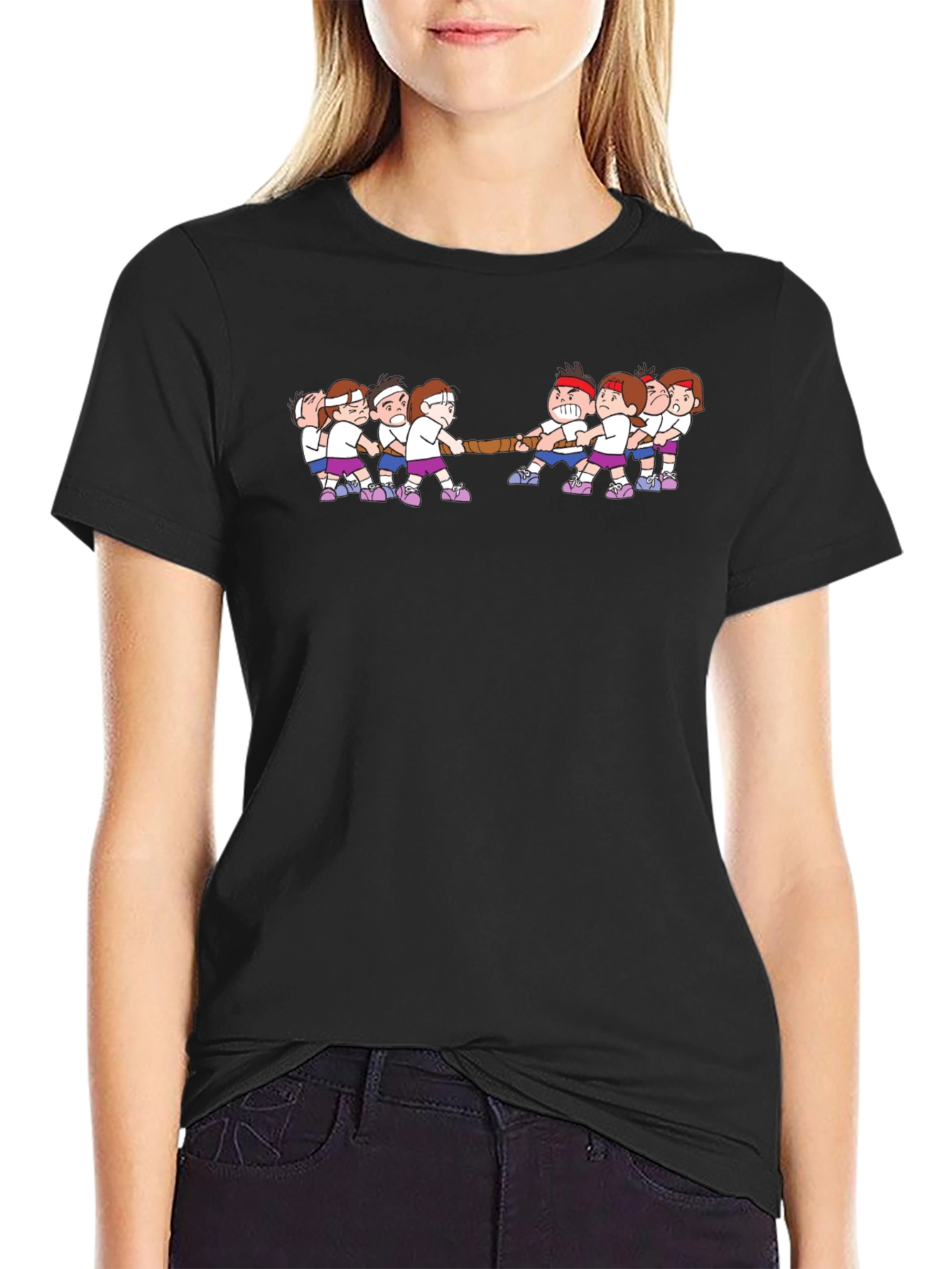 Tug-of-War Cartoon Graphic Black T-Shirt