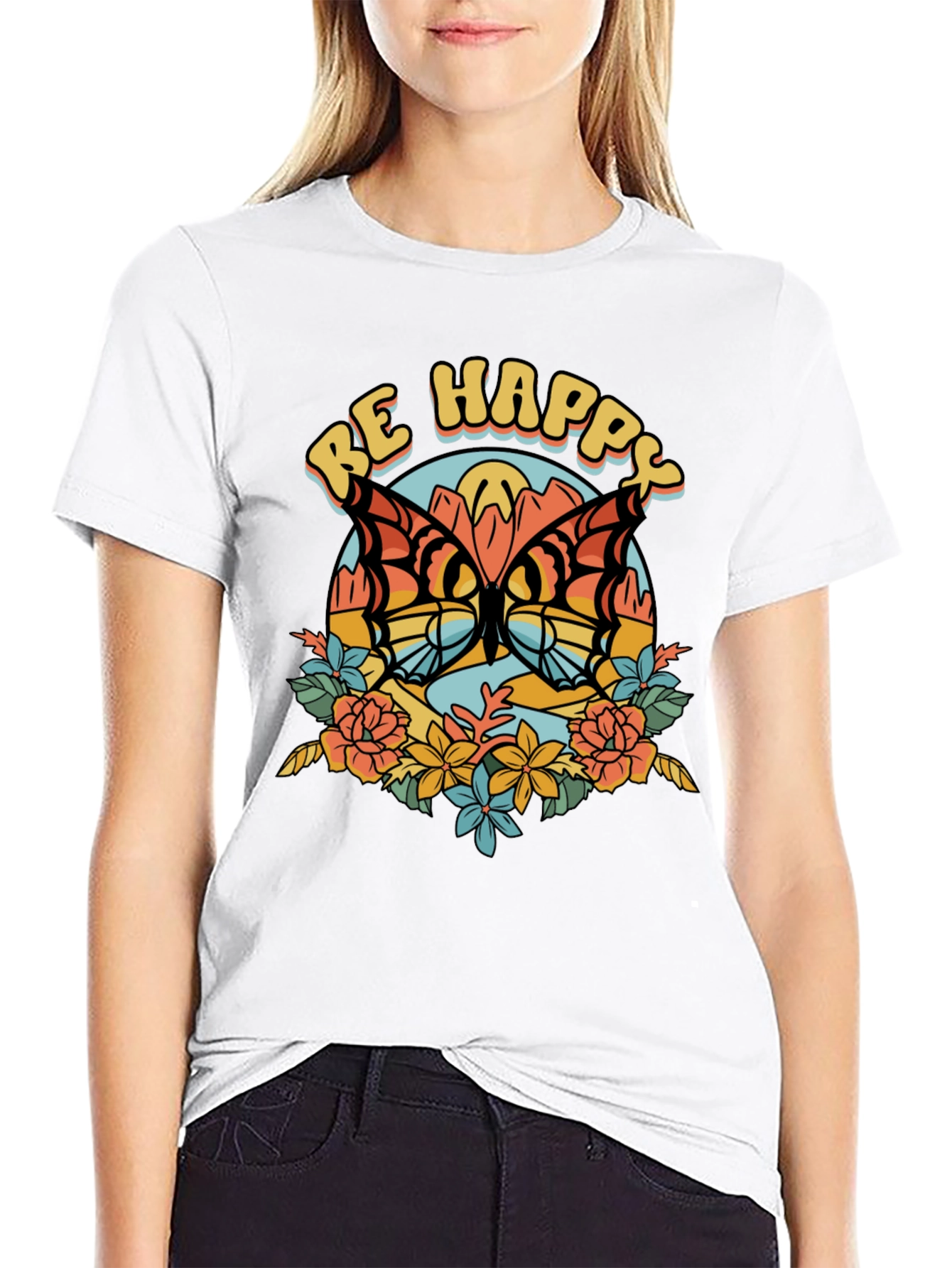 Be Happy Butterfly Graphic Tee - Retro Style