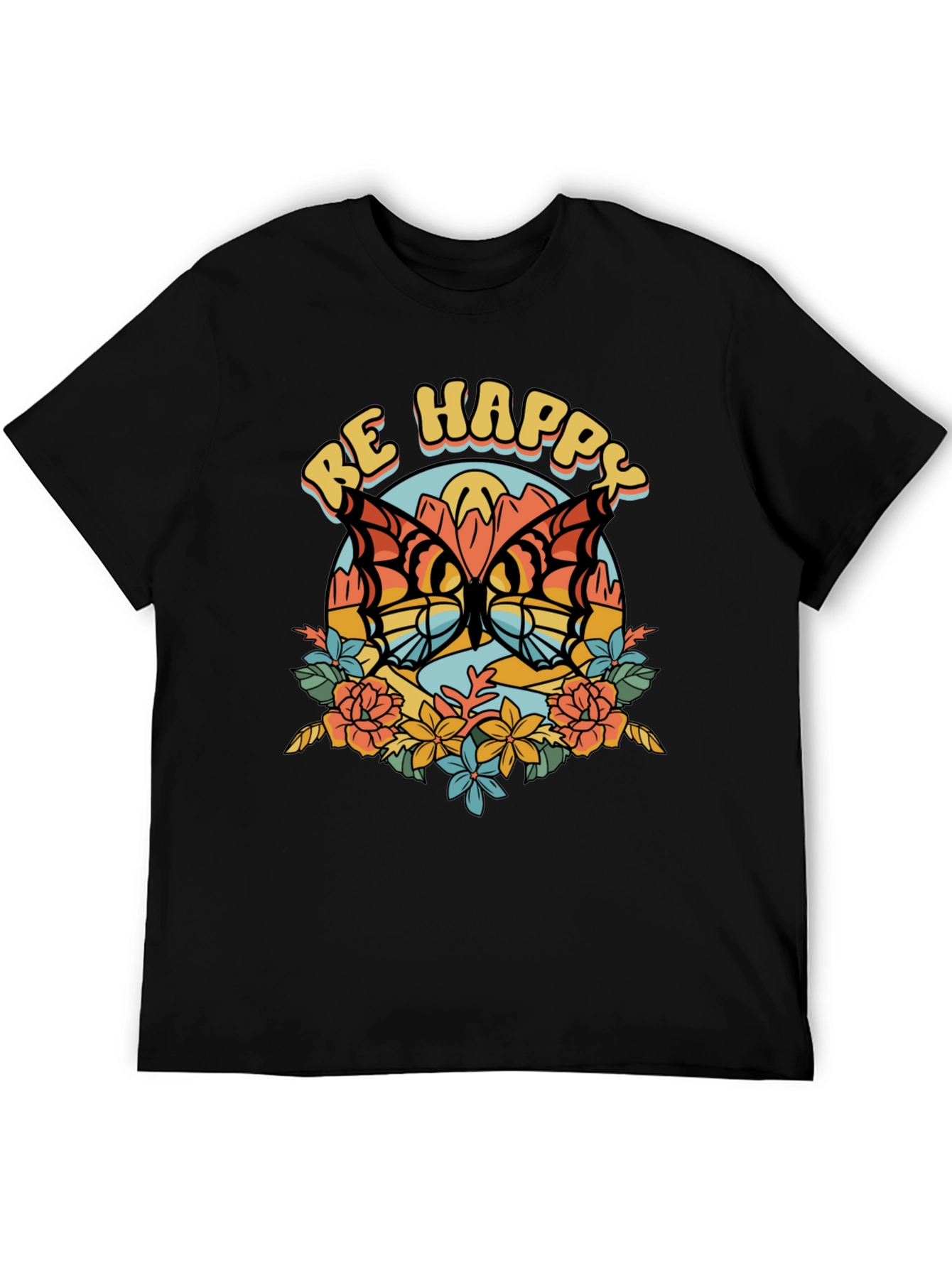 Be Happy Butterfly Graphic Tee - Retro Style