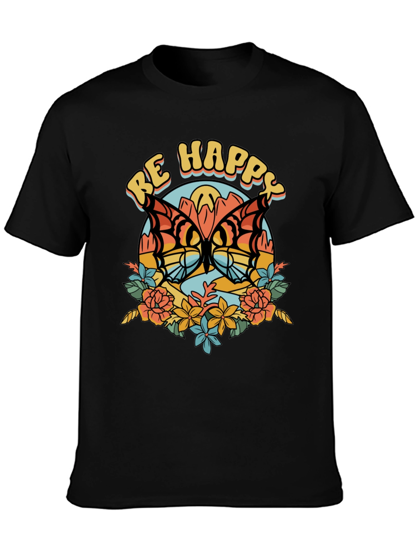 Be Happy Butterfly Graphic Tee - Retro Style