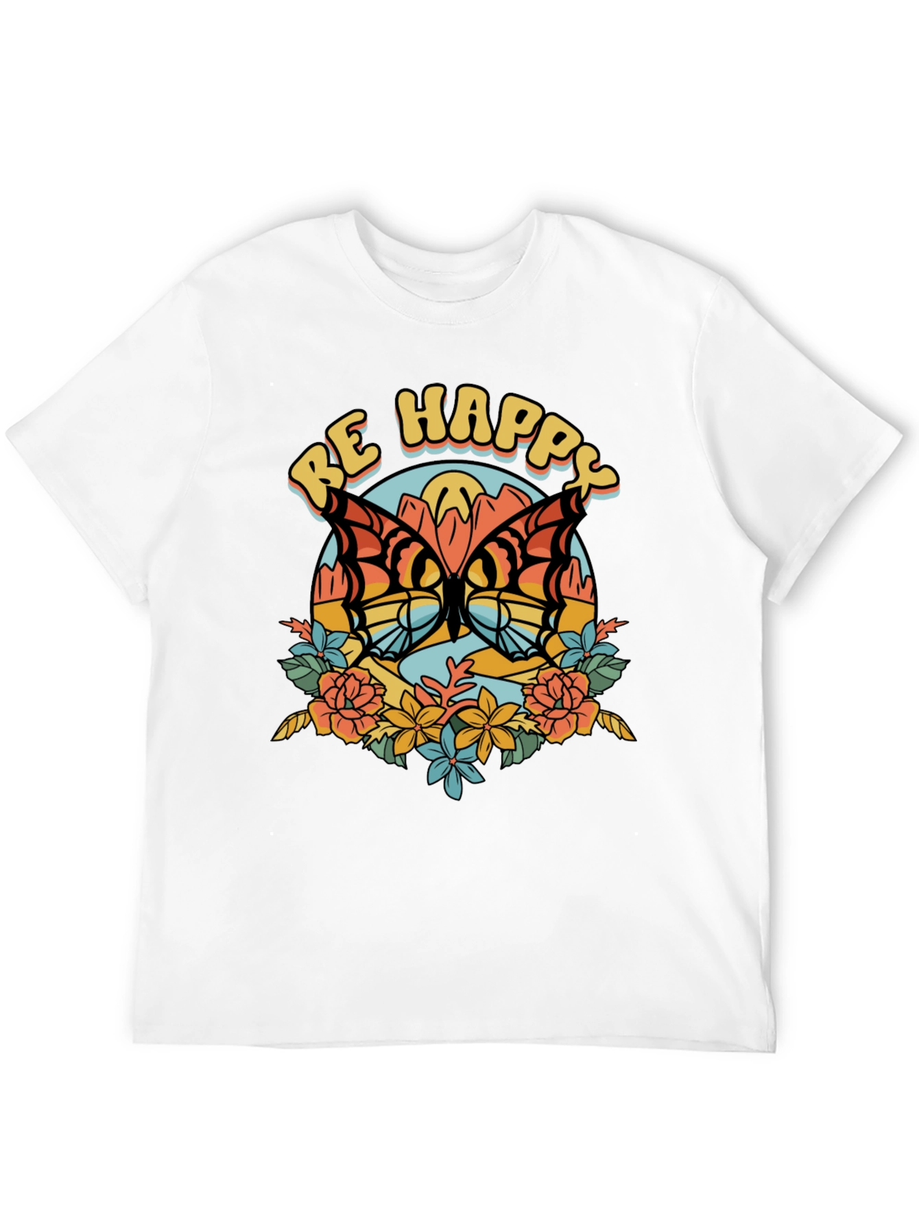 Be Happy Butterfly Graphic Tee - Retro Style