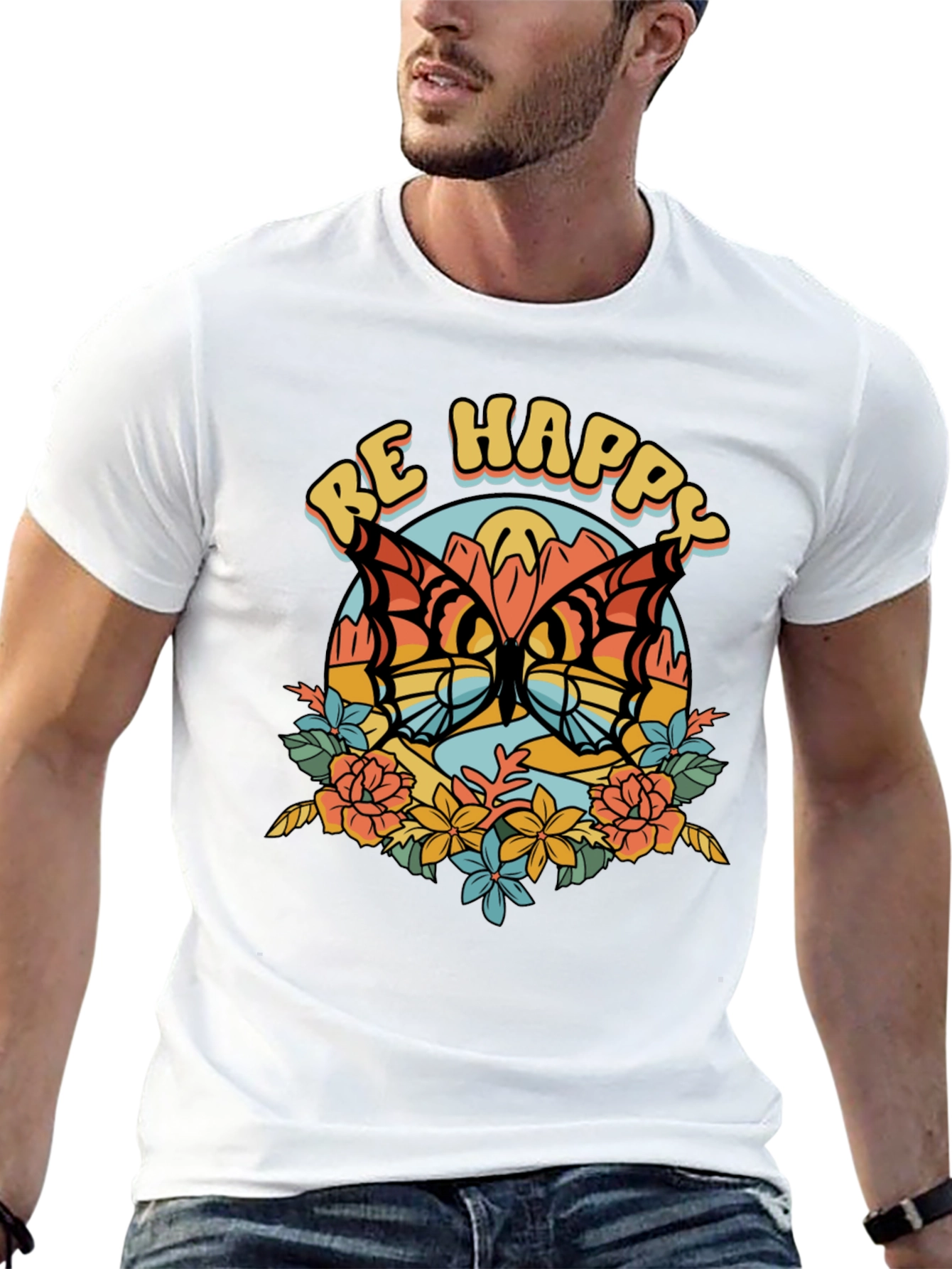 Be Happy Butterfly Graphic Tee - Retro Style