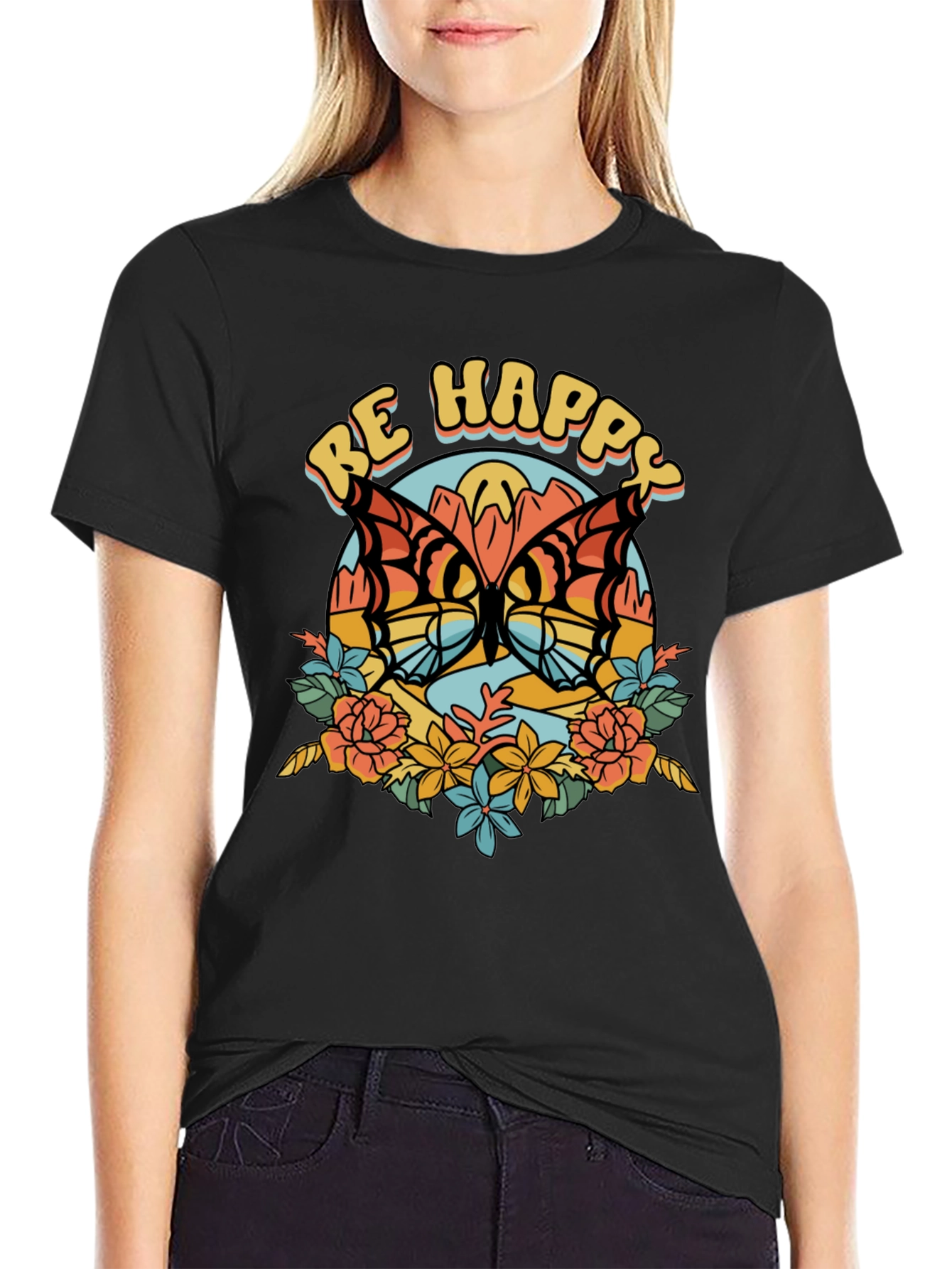 Be Happy Butterfly Graphic Tee - Retro Style