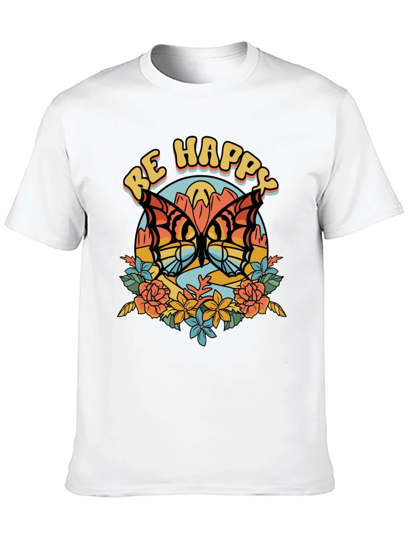 Be Happy Butterfly Graphic Tee - Retro Style
