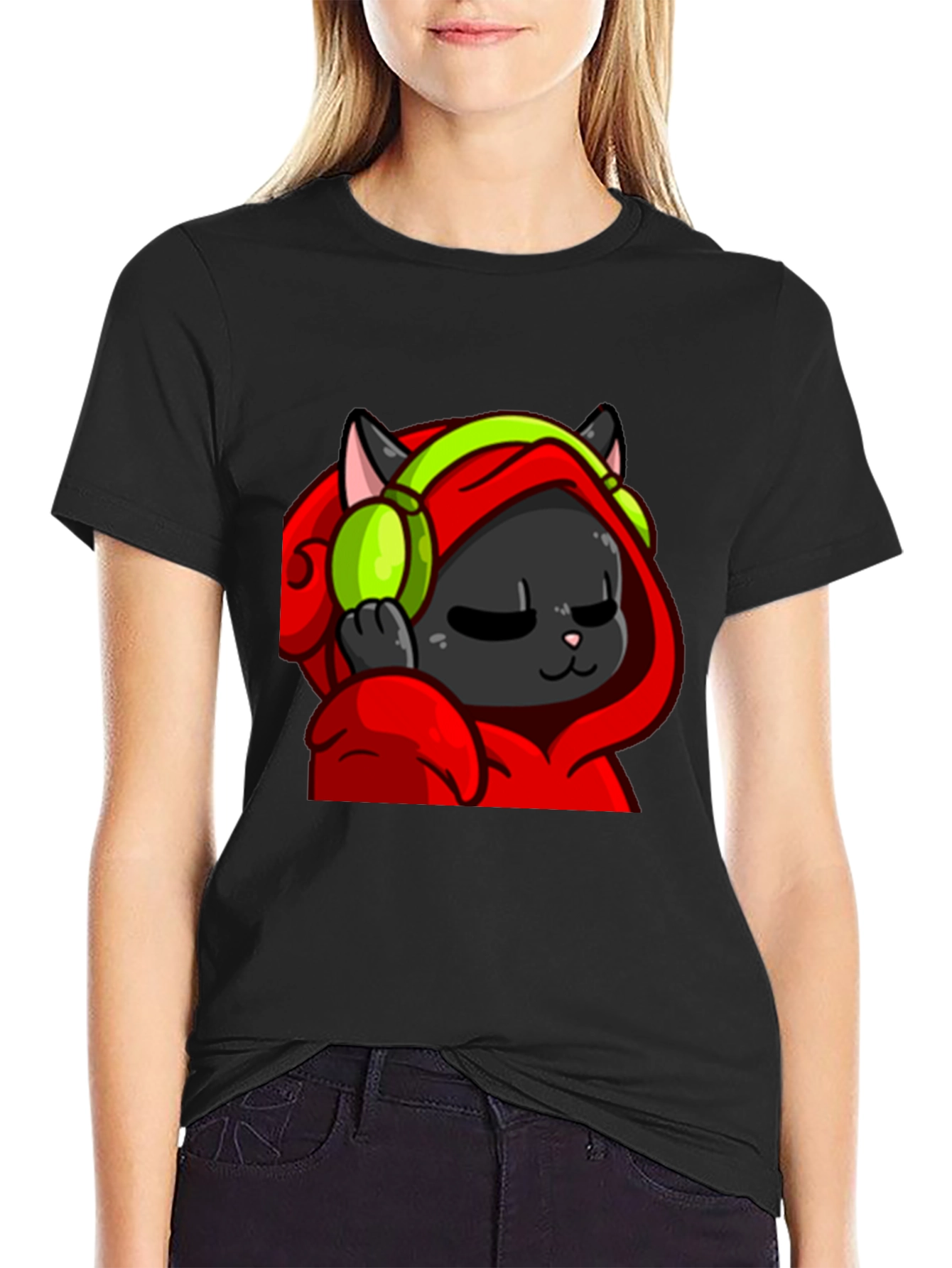 Cool Cat Black T-Shirt - Headphones Hoodie Graphic