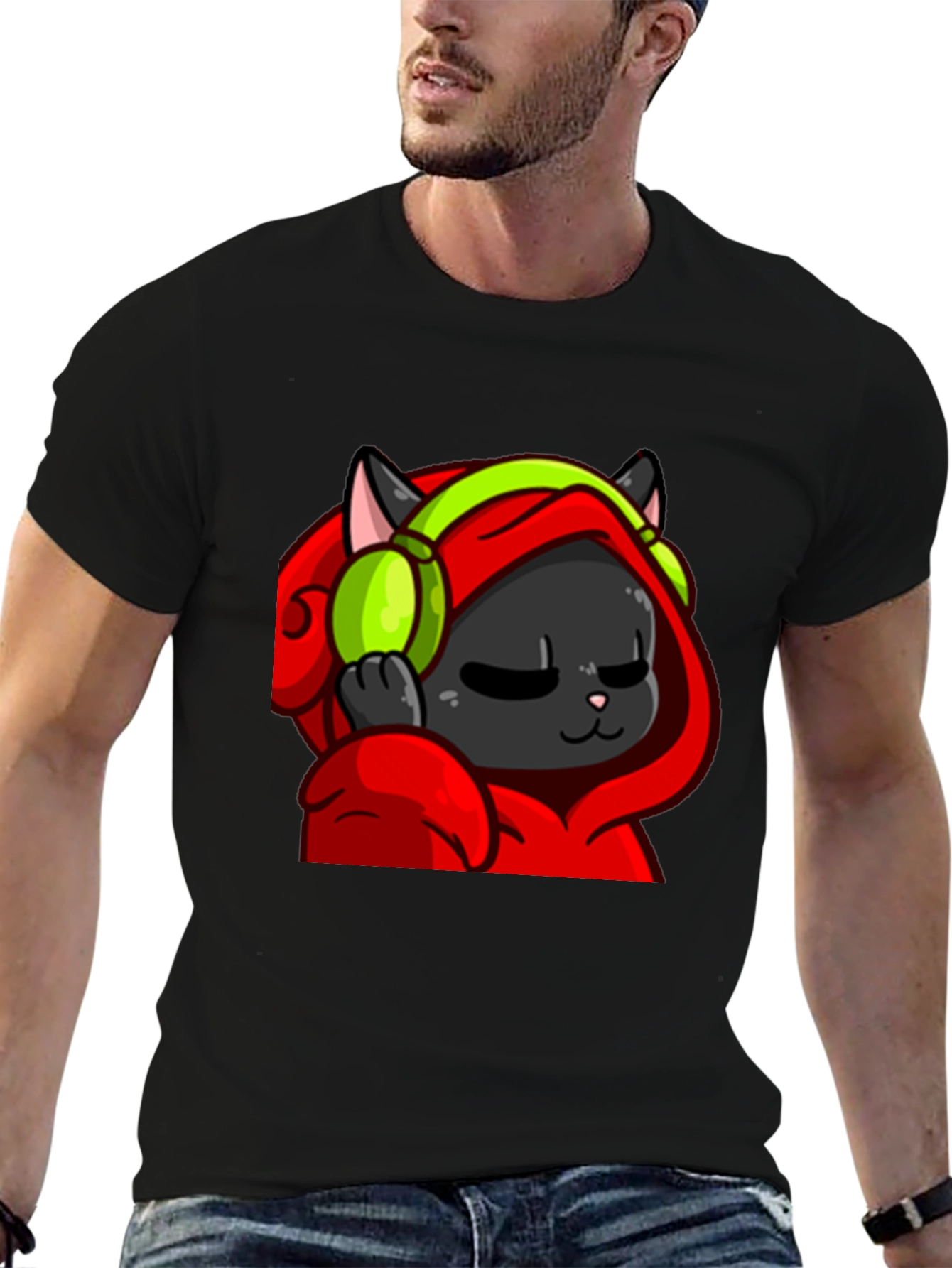 Cool Cat Black T-Shirt - Headphones Hoodie Graphic