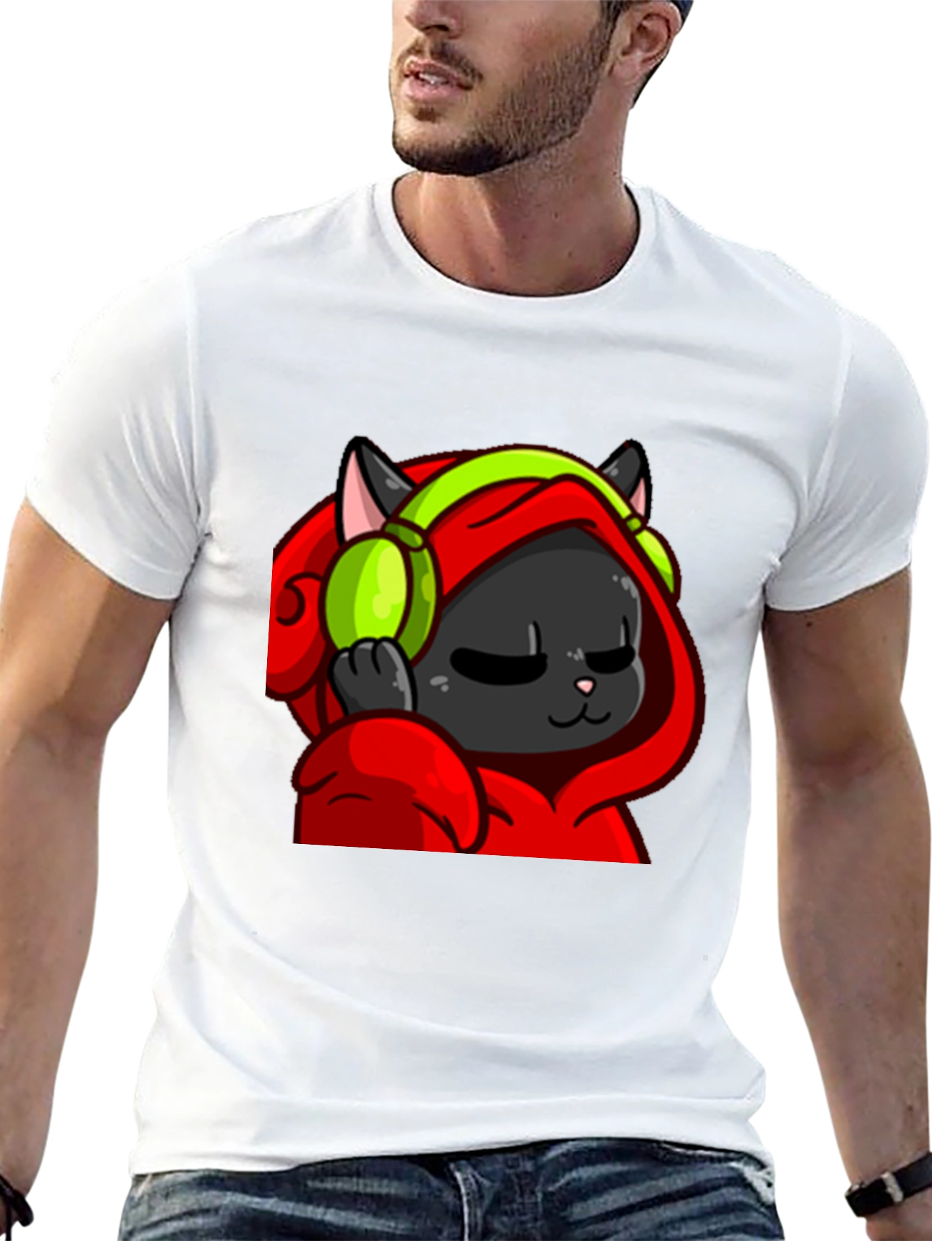 Cool Cat Black T-Shirt - Headphones Hoodie Graphic