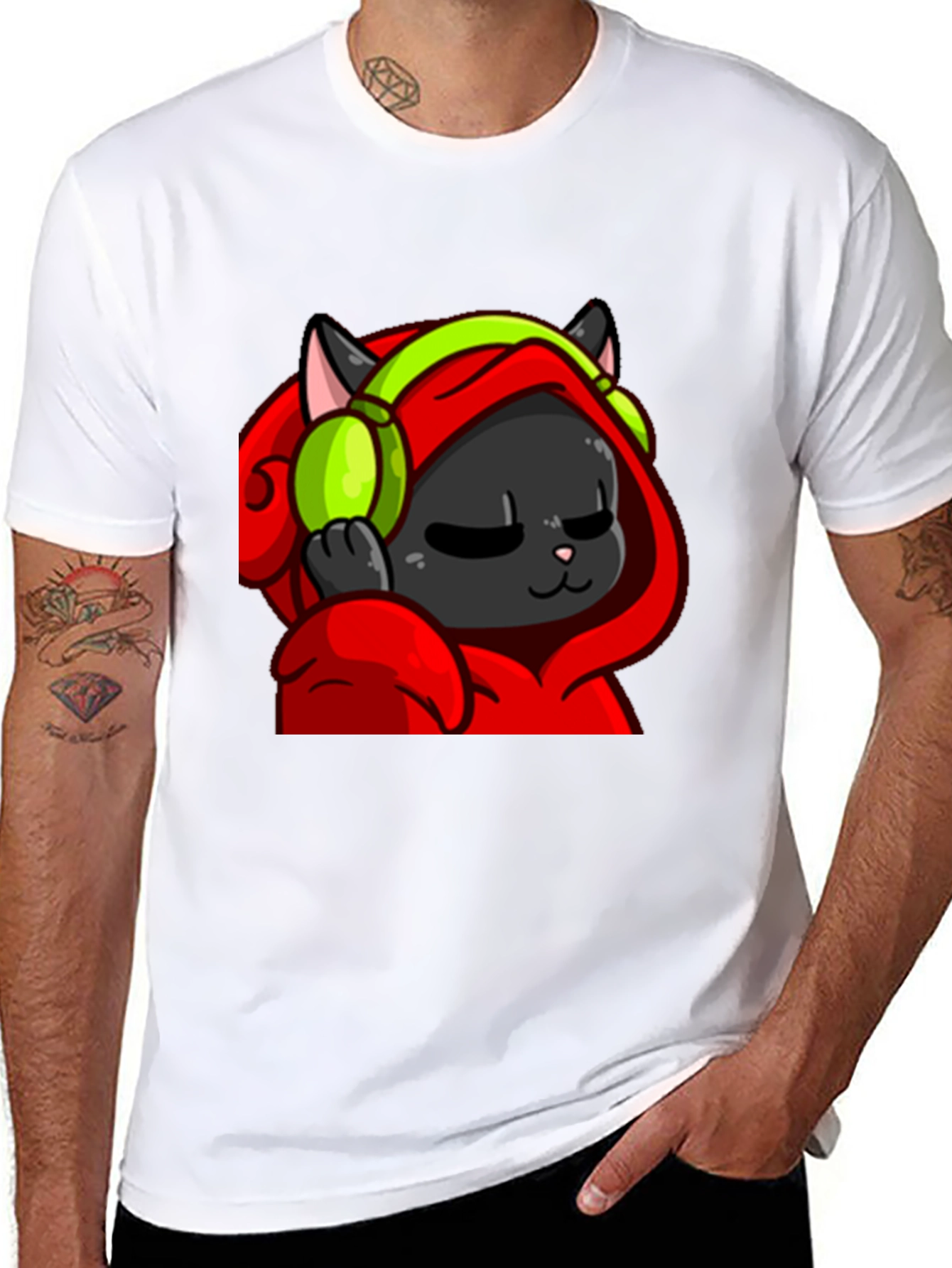 Cool Cat Black T-Shirt - Headphones Hoodie Graphic