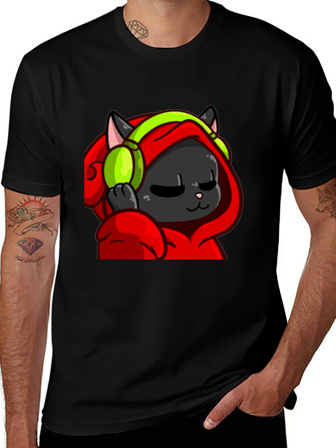 Cool Cat Black T-Shirt - Headphones Hoodie Graphic