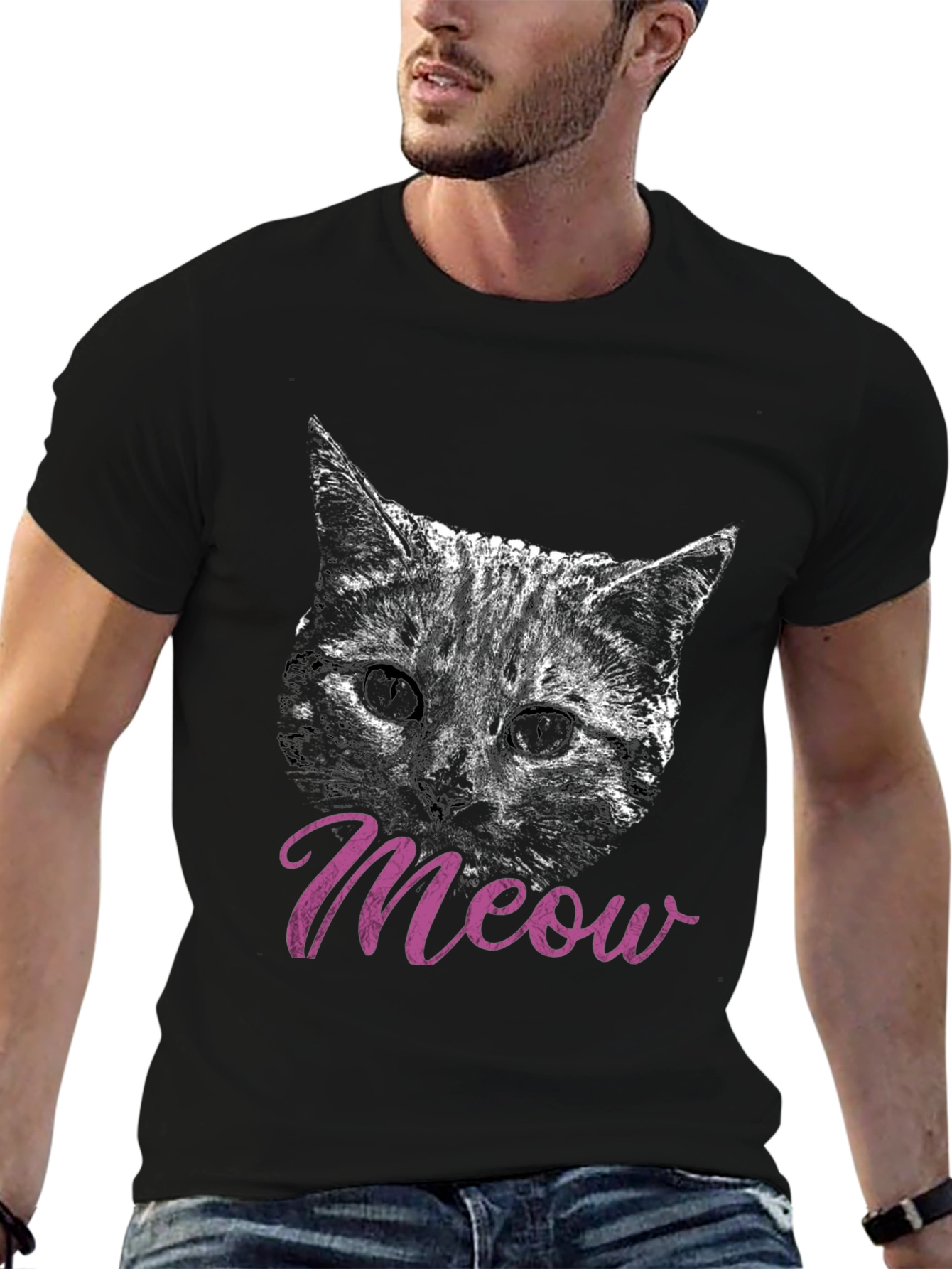 Cat Meow T-Shirt Black Crew Neck Casual