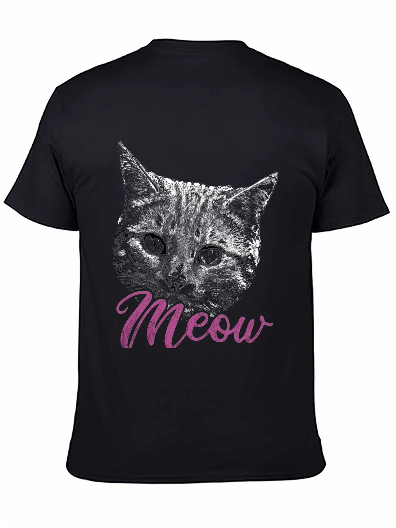 Cat Meow T-Shirt Black Crew Neck Casual