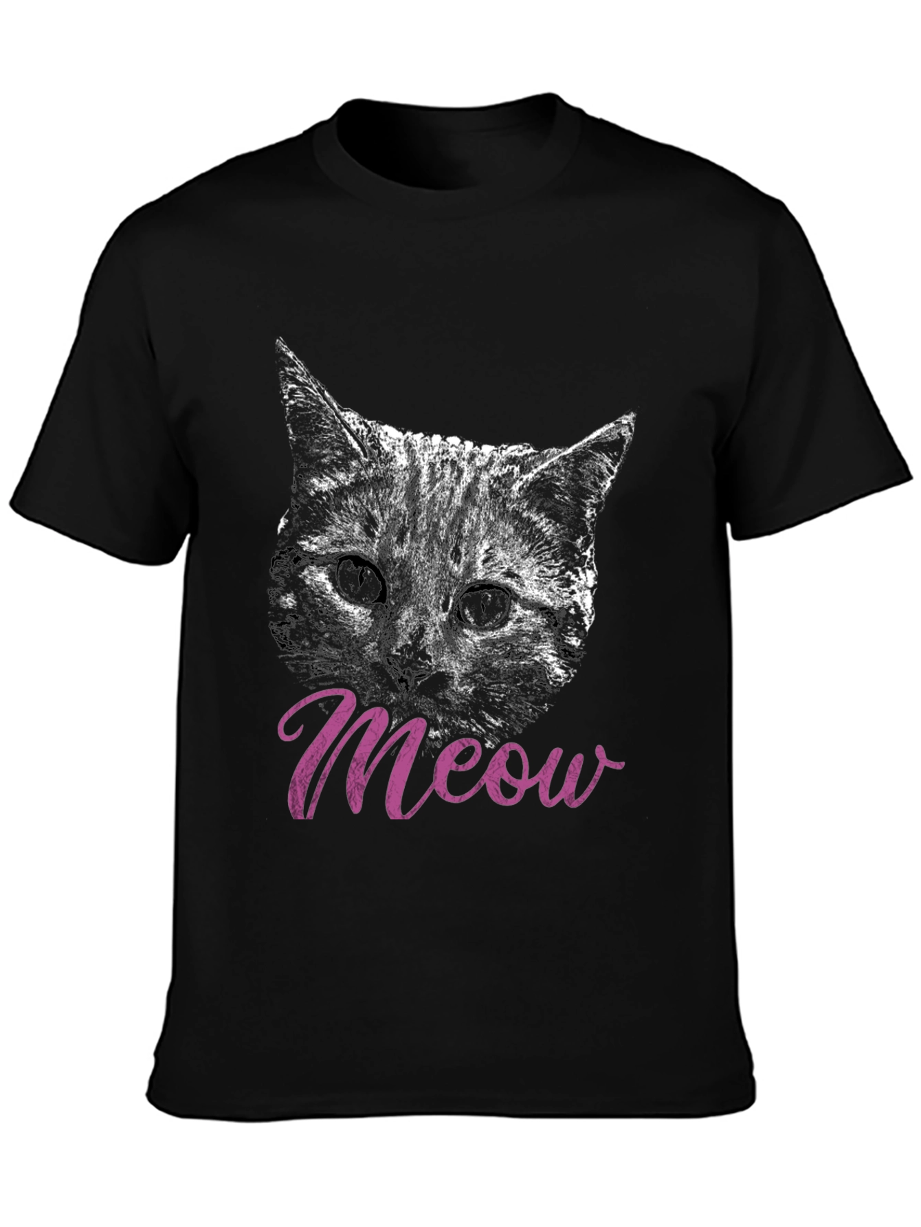 Cat Meow T-Shirt Black Crew Neck Casual