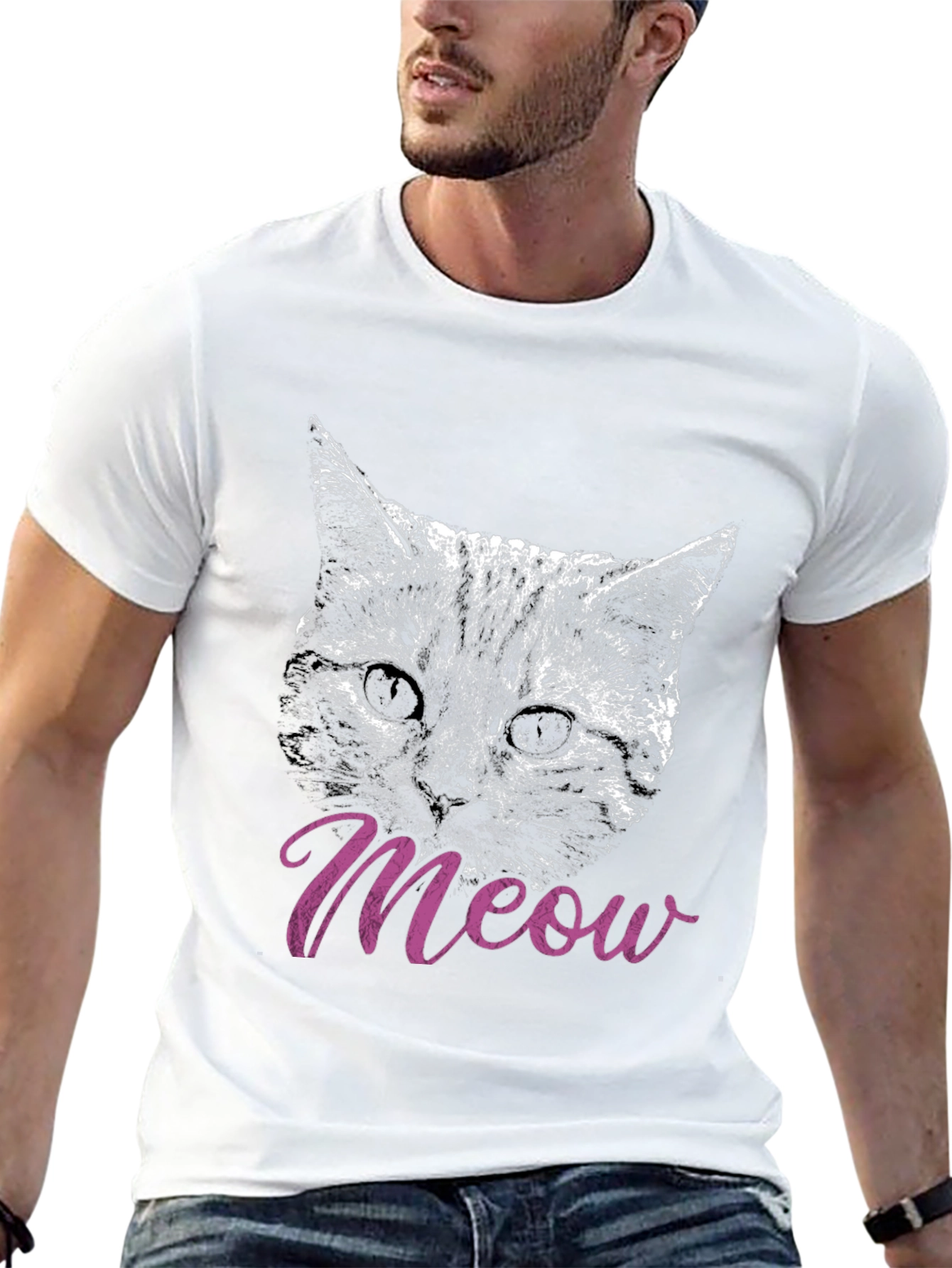 Cat Meow T-Shirt Black Crew Neck Casual