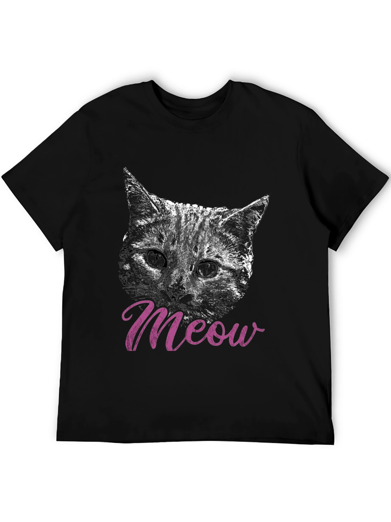 Cat Meow T-Shirt Black Crew Neck Casual