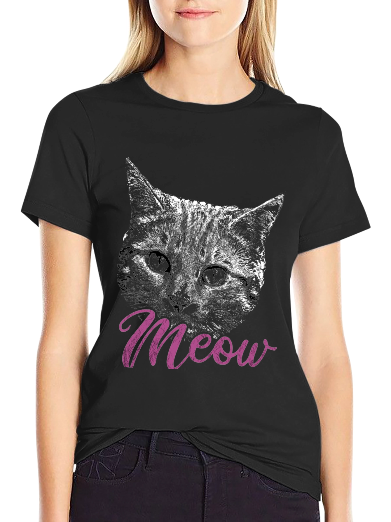 Cat Meow T-Shirt Black Crew Neck Casual