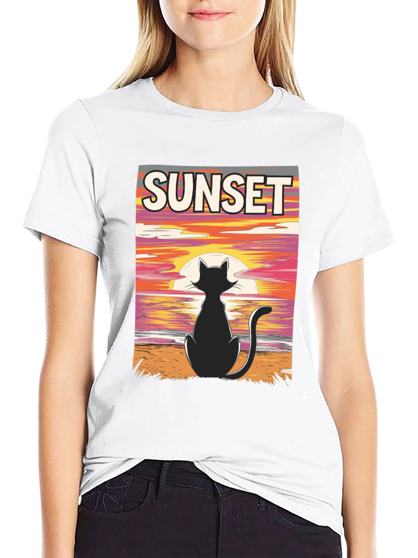 Sunset Cat Graphic T-Shirt - Black