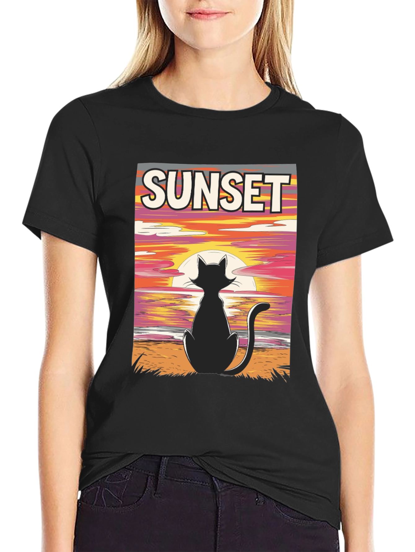 Sunset Cat Graphic T-Shirt - Black