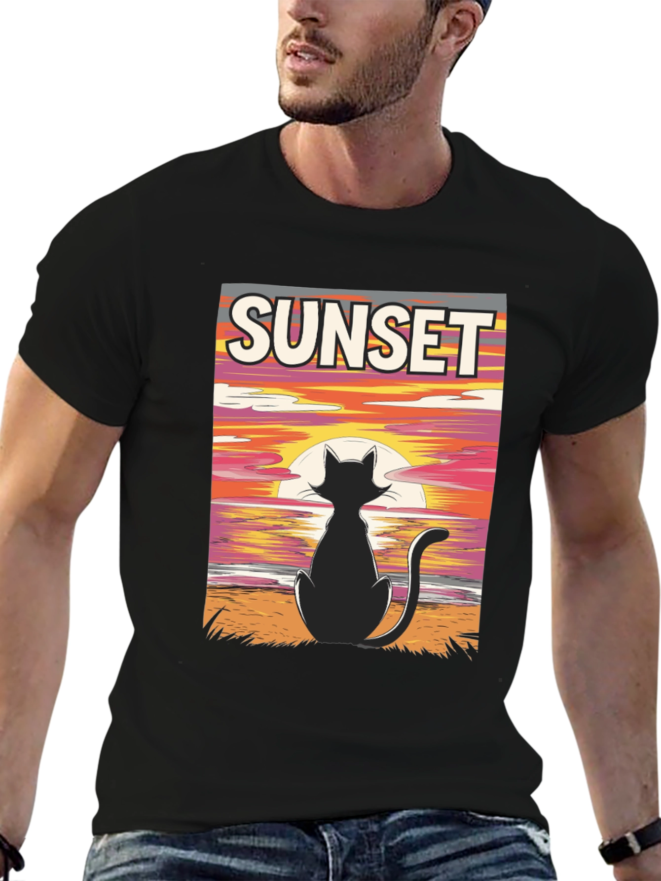 Sunset Cat Graphic T-Shirt - Black