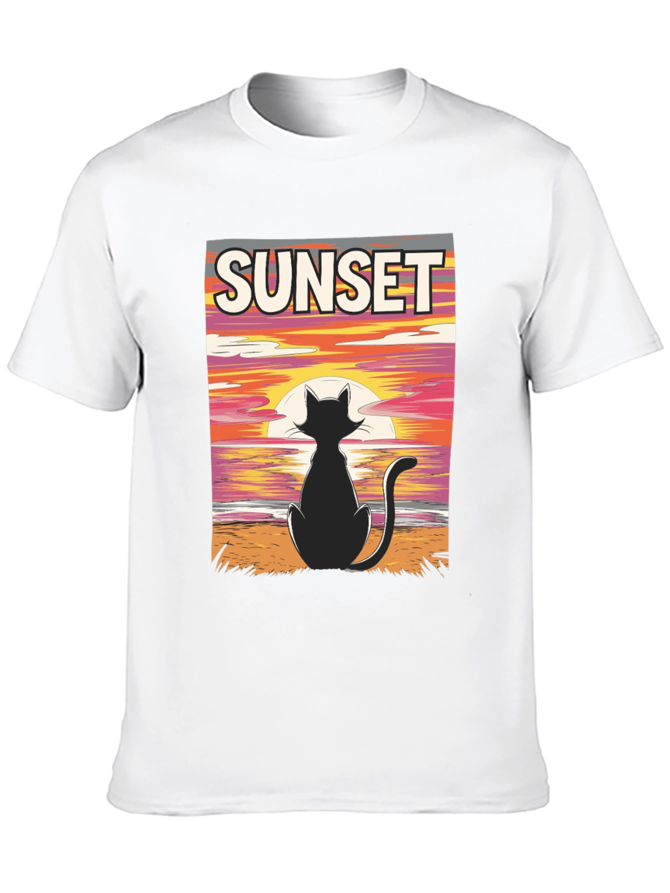 Sunset Cat Graphic T-Shirt - Black