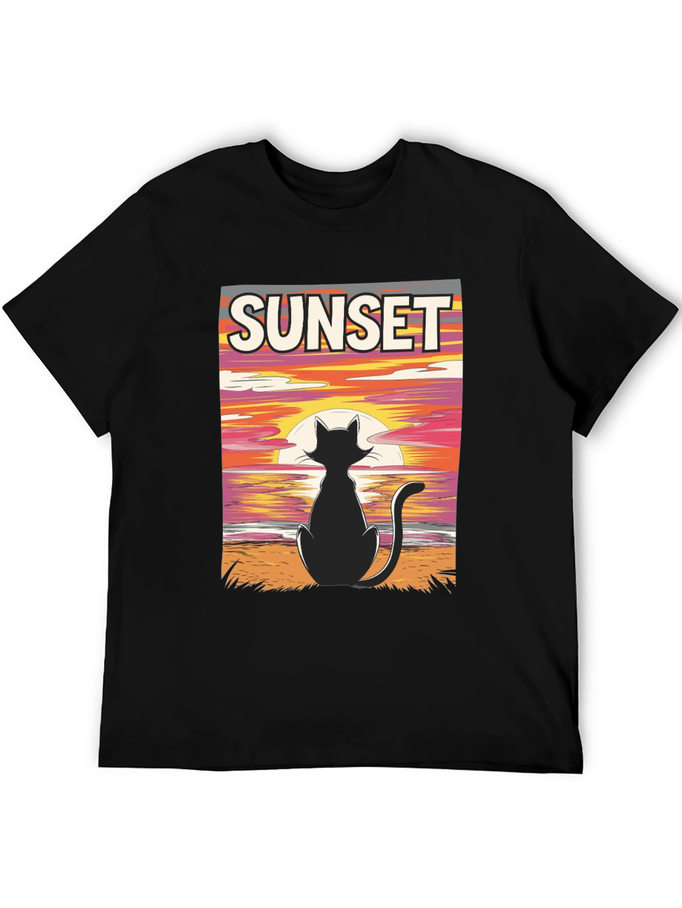 Sunset Cat Graphic T-Shirt - Black