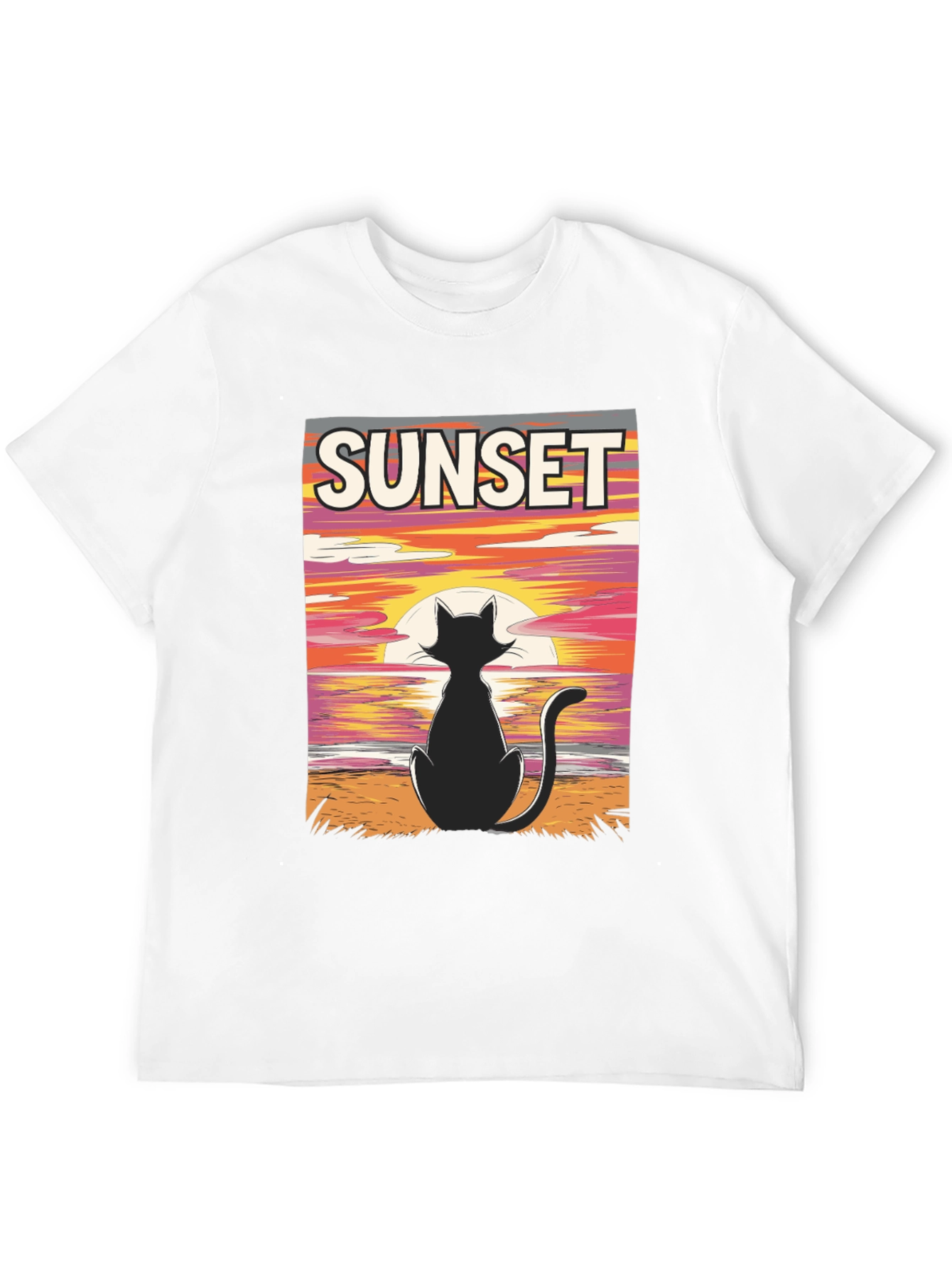 Sunset Cat Graphic T-Shirt - Black