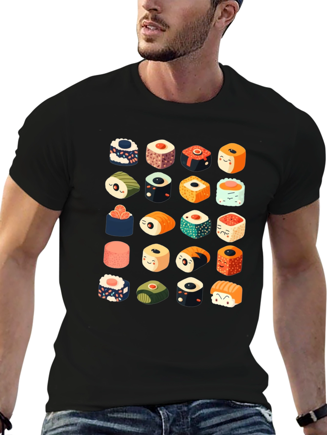 Sushi Pattern Black T-Shirt