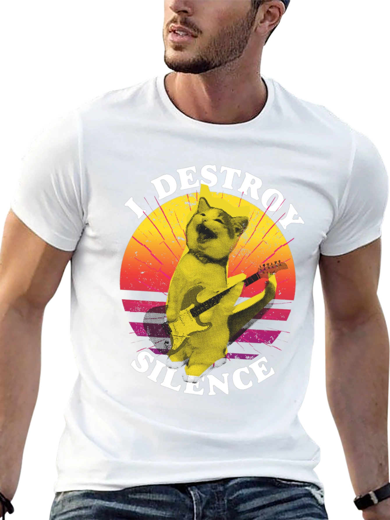 I Destroy Silence Cat Playing Guitar T-Shirt