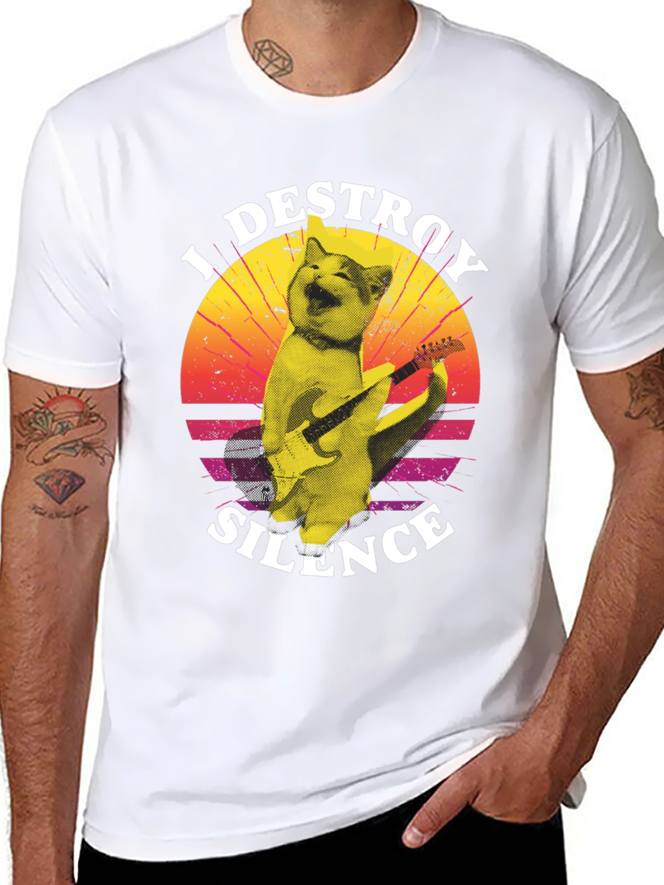 I Destroy Silence Cat Playing Guitar T-Shirt