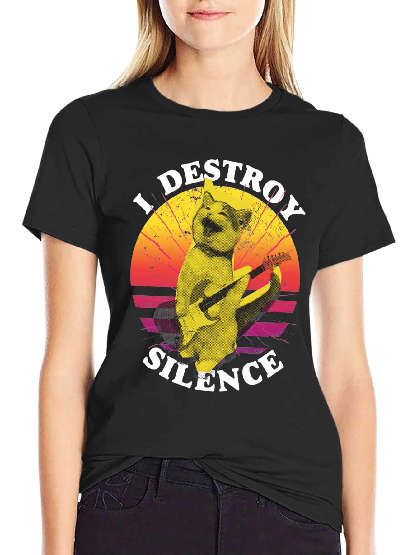 I Destroy Silence Cat Playing Guitar T-Shirt