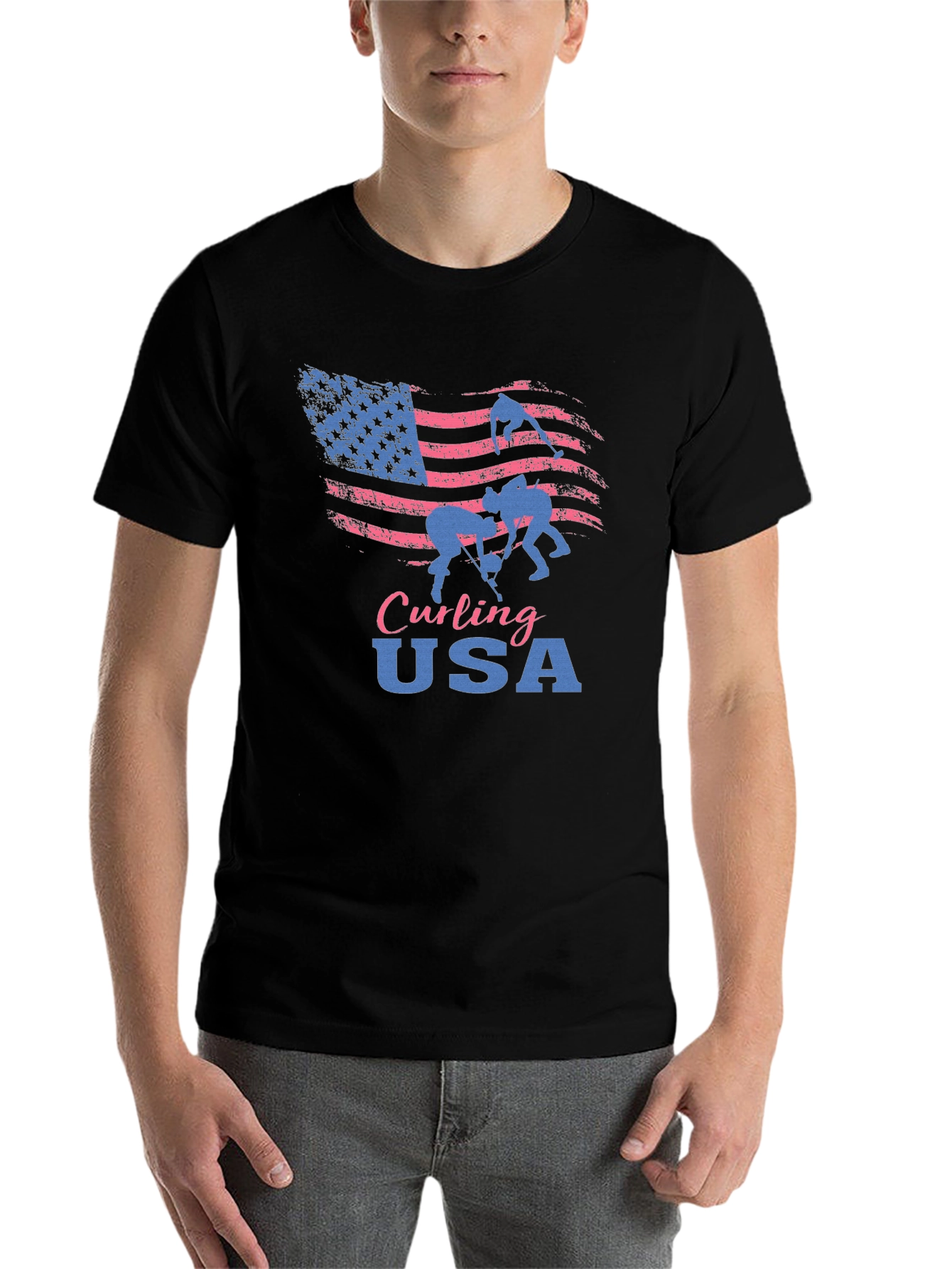 Curling USA T-Shirt - Patriotic American Flag Design