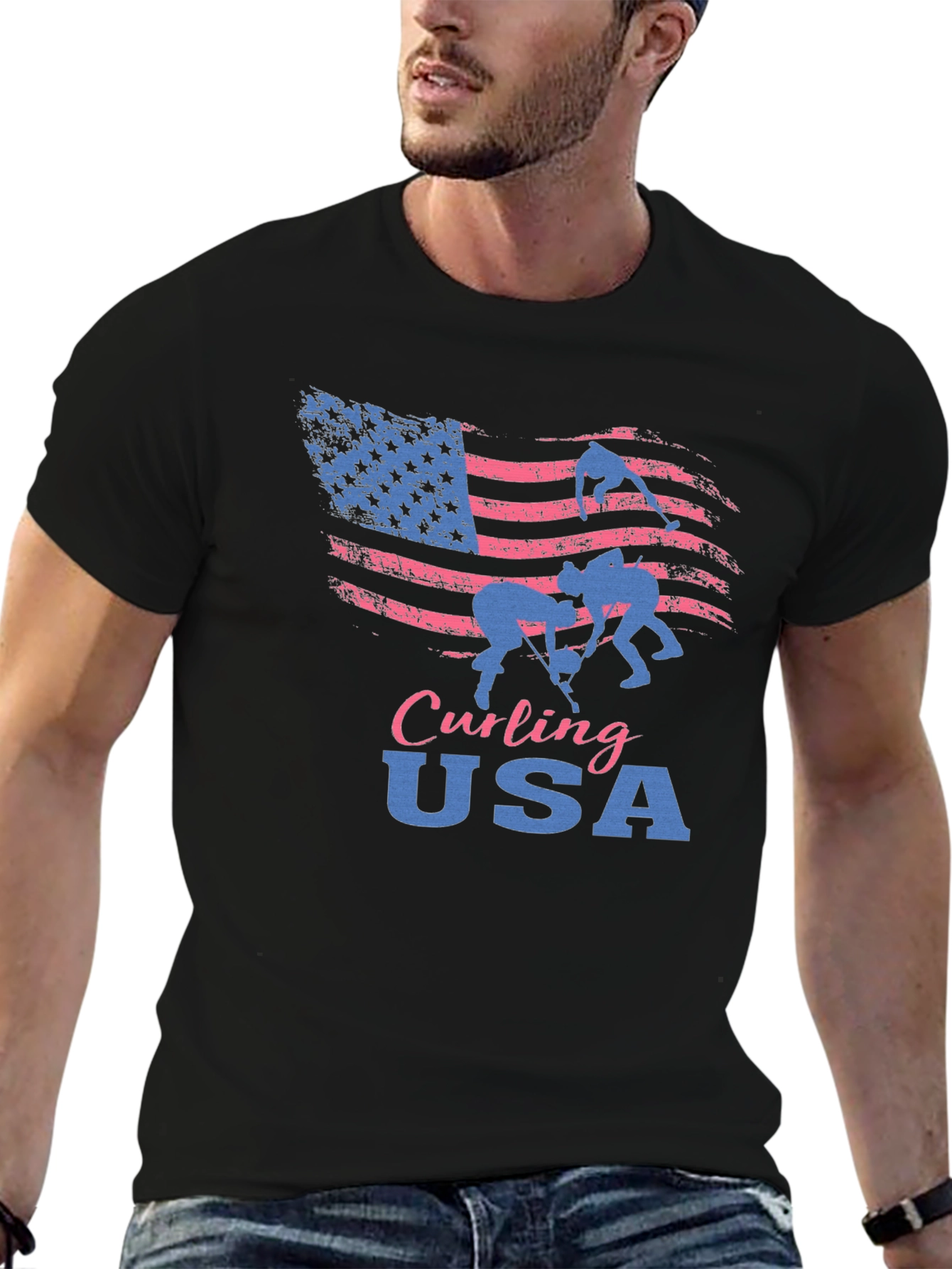 Curling USA T-Shirt - Patriotic American Flag Design