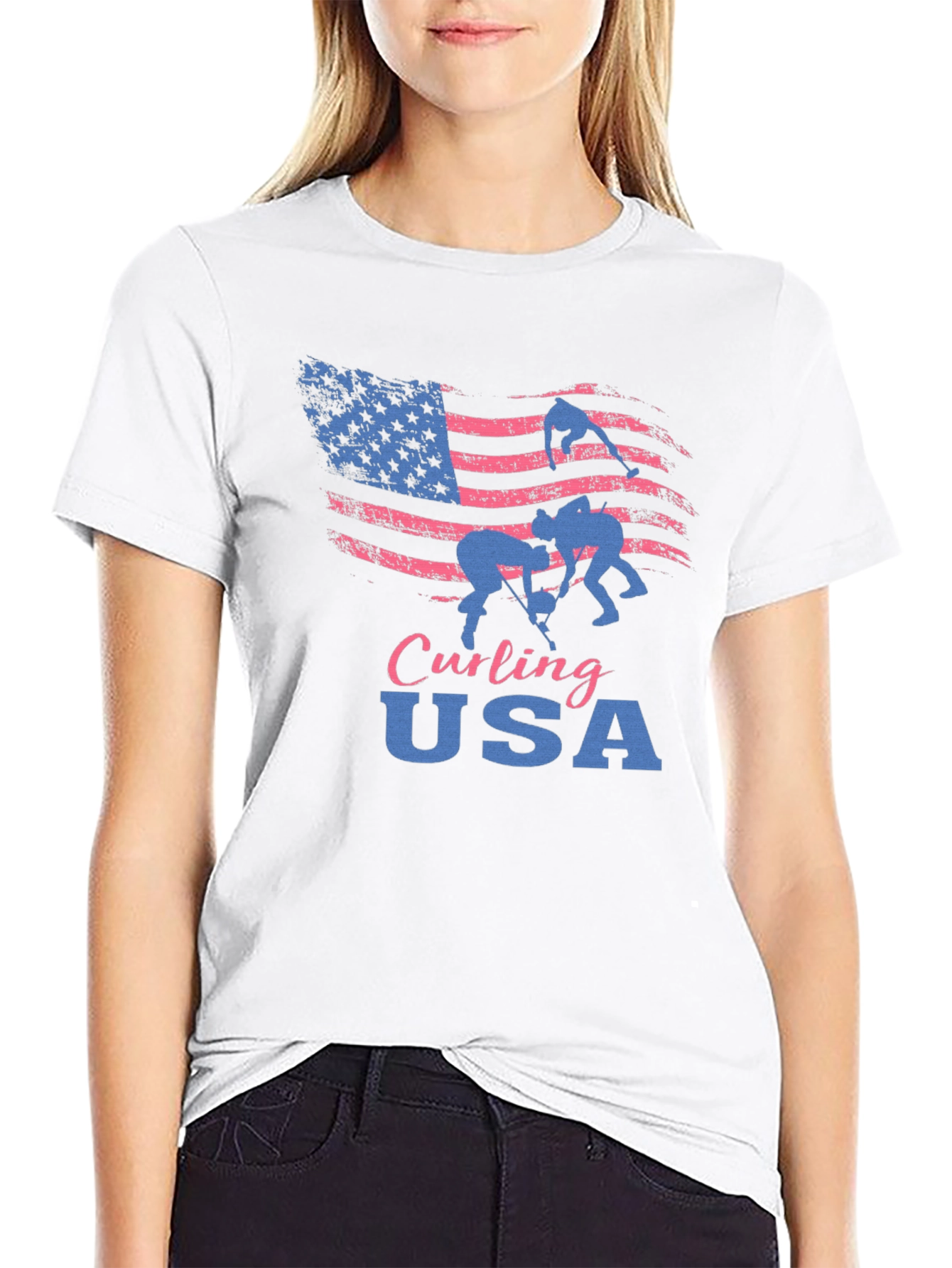 Curling USA T-Shirt - Patriotic American Flag Design
