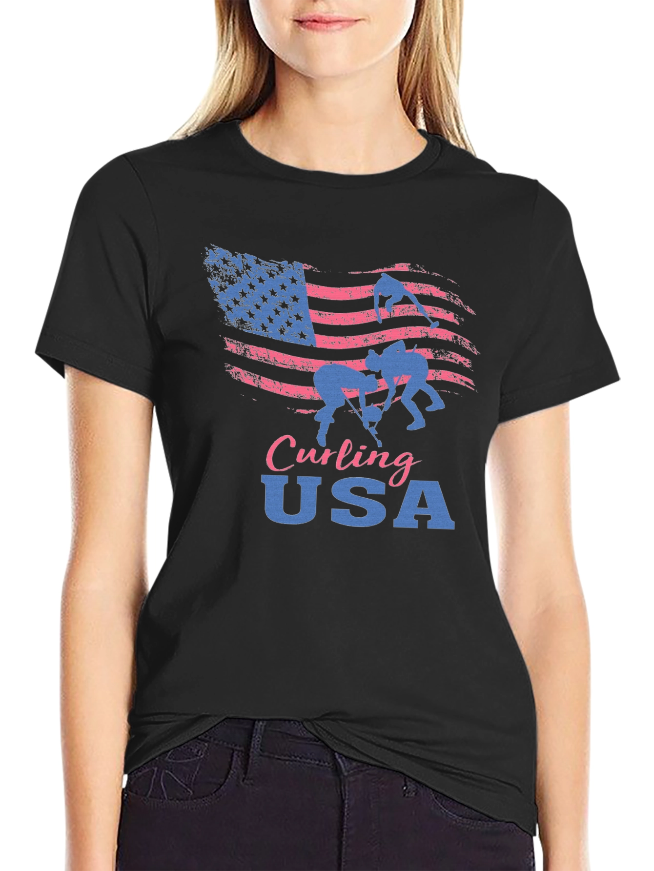 Curling USA T-Shirt - Patriotic American Flag Design