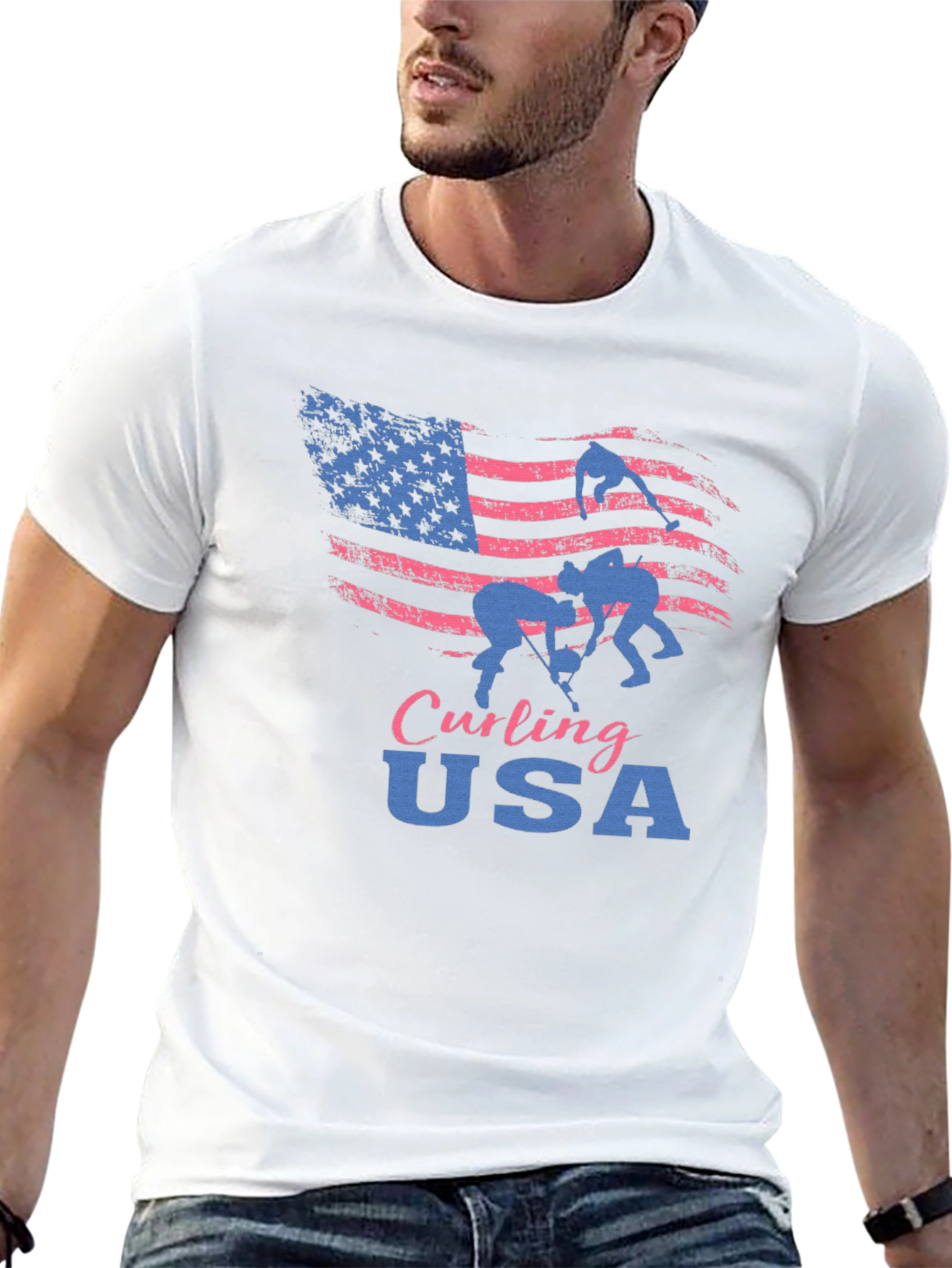 Curling USA T-Shirt - Patriotic American Flag Design