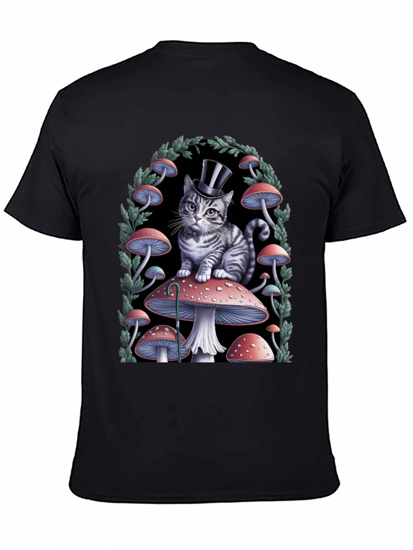 Whimsical Cat in Top Hat Mushroom T-Shirt