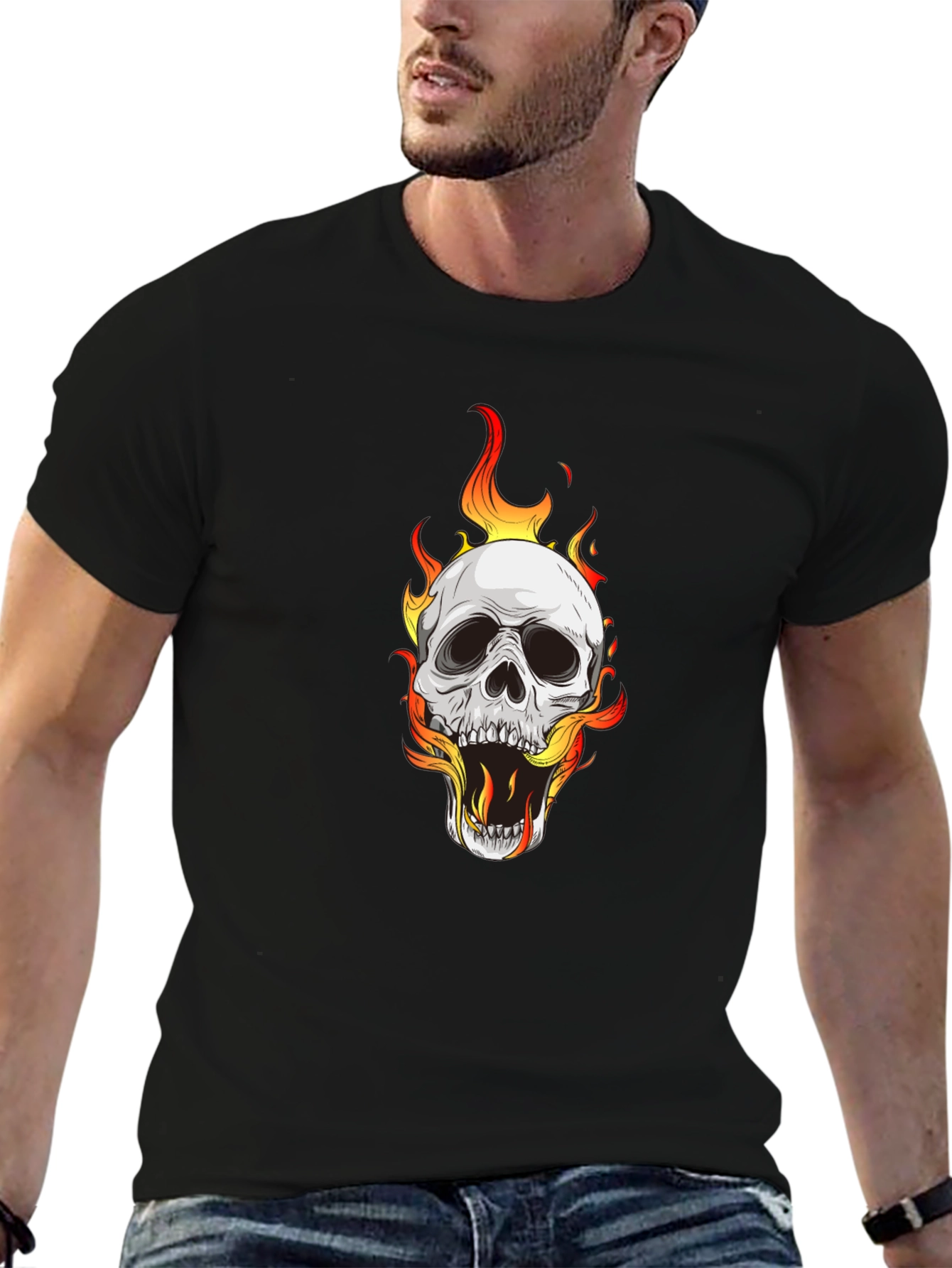 Skull on Fire Graphic Black T-Shirt