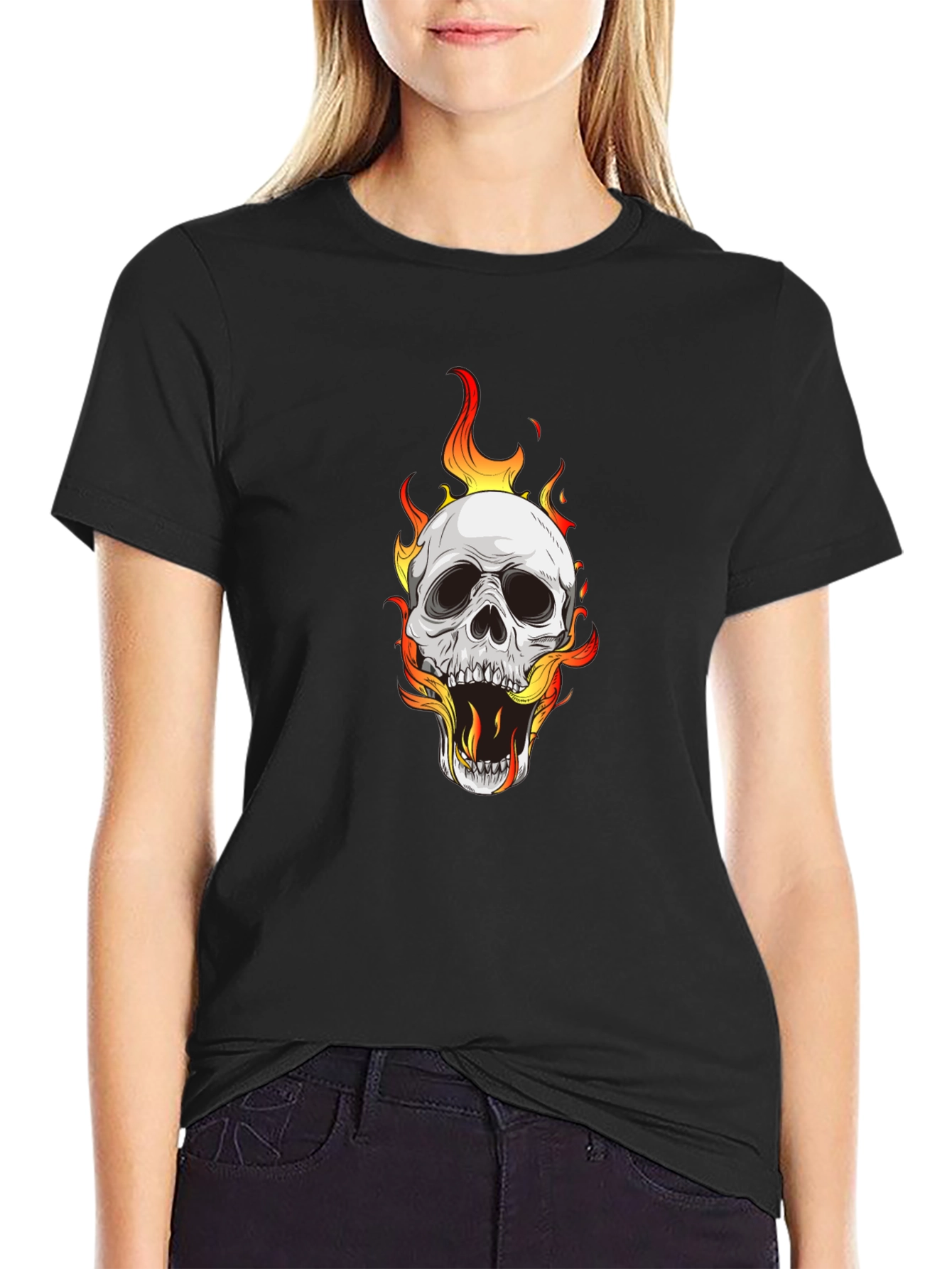 Skull on Fire Graphic Black T-Shirt