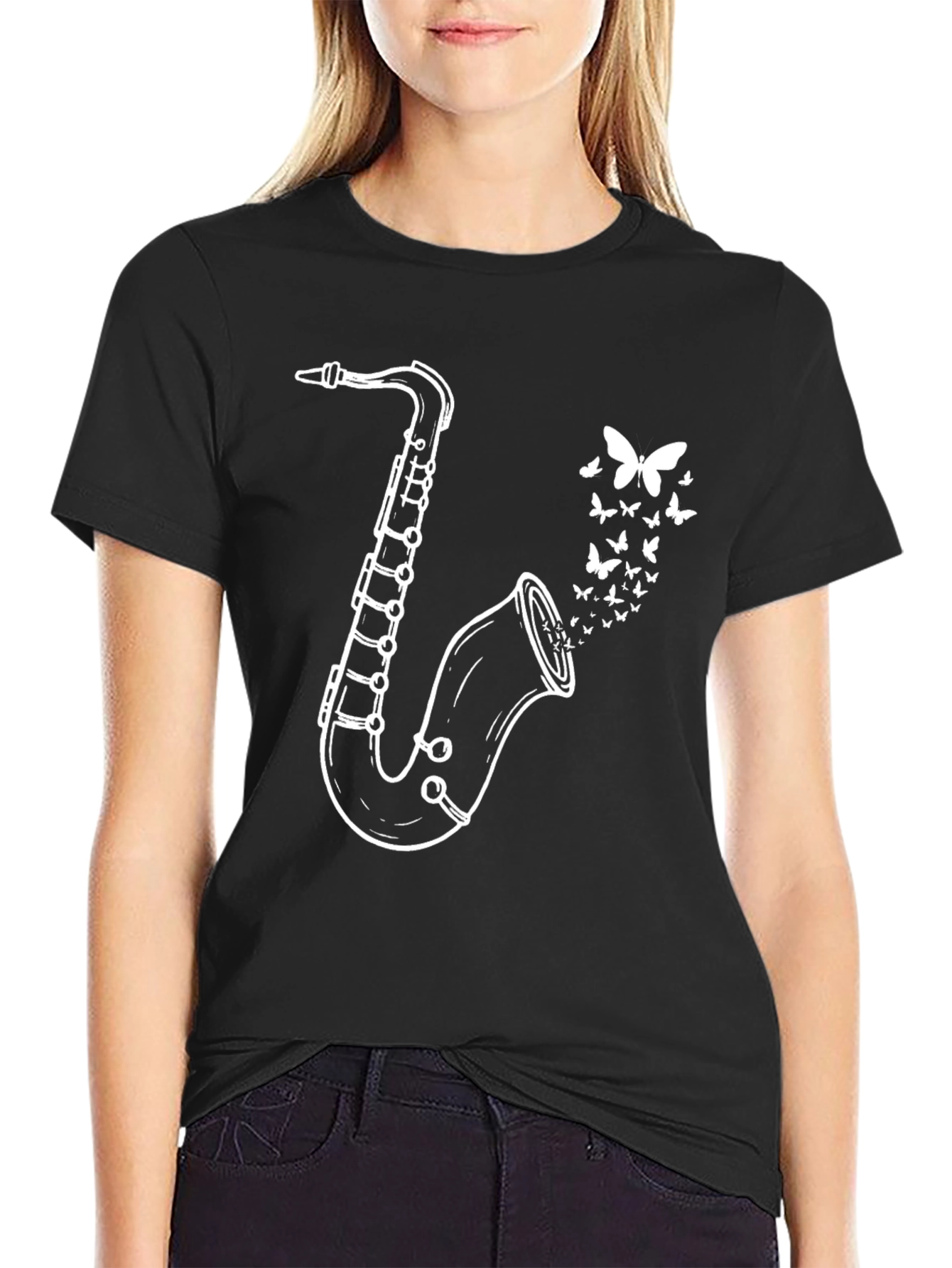 Saxophone Butterfly Graphic Tee - Black Casual T-Shirt