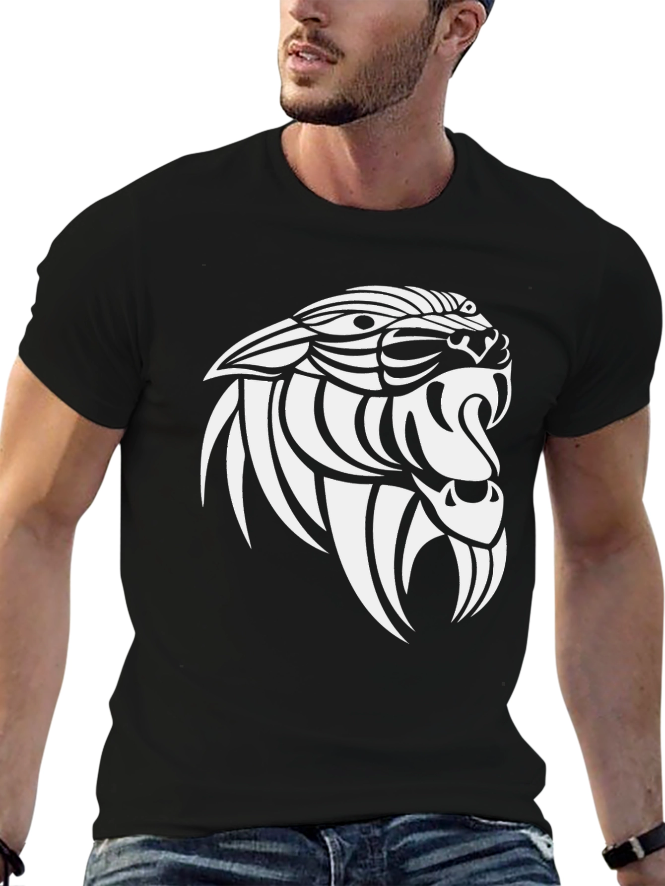 Mens Black T-Shirt with Saber-Toothed Tiger Graphic