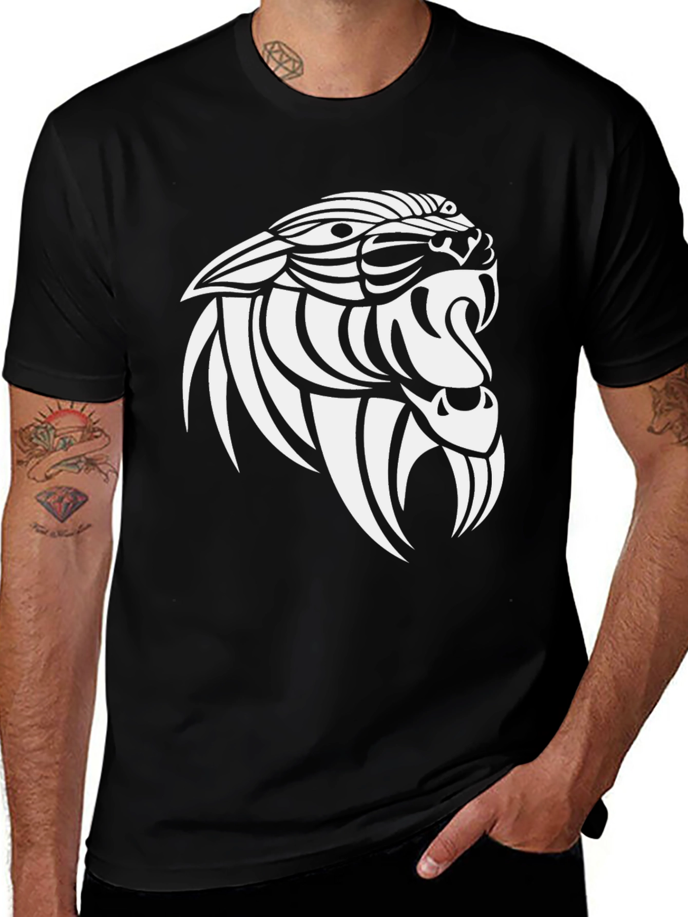 Mens Black T-Shirt with Saber-Toothed Tiger Graphic