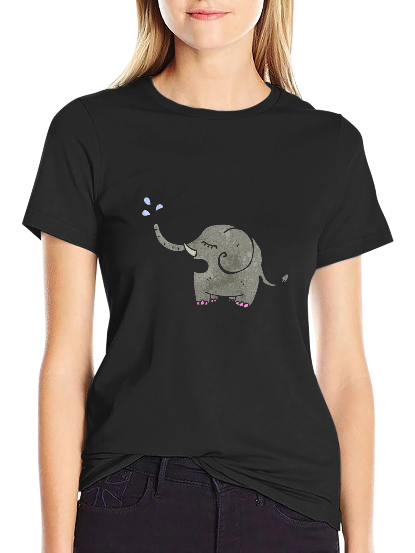 Elephant Tee: Cute Cartoon Animal Graphic Black T-Shirt