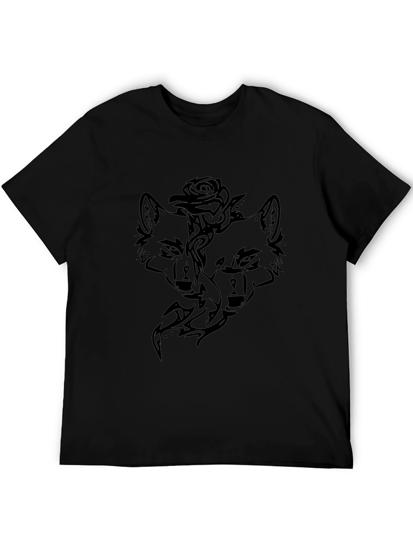 Tribal Wolf & Rose Graphic Black T-Shirt