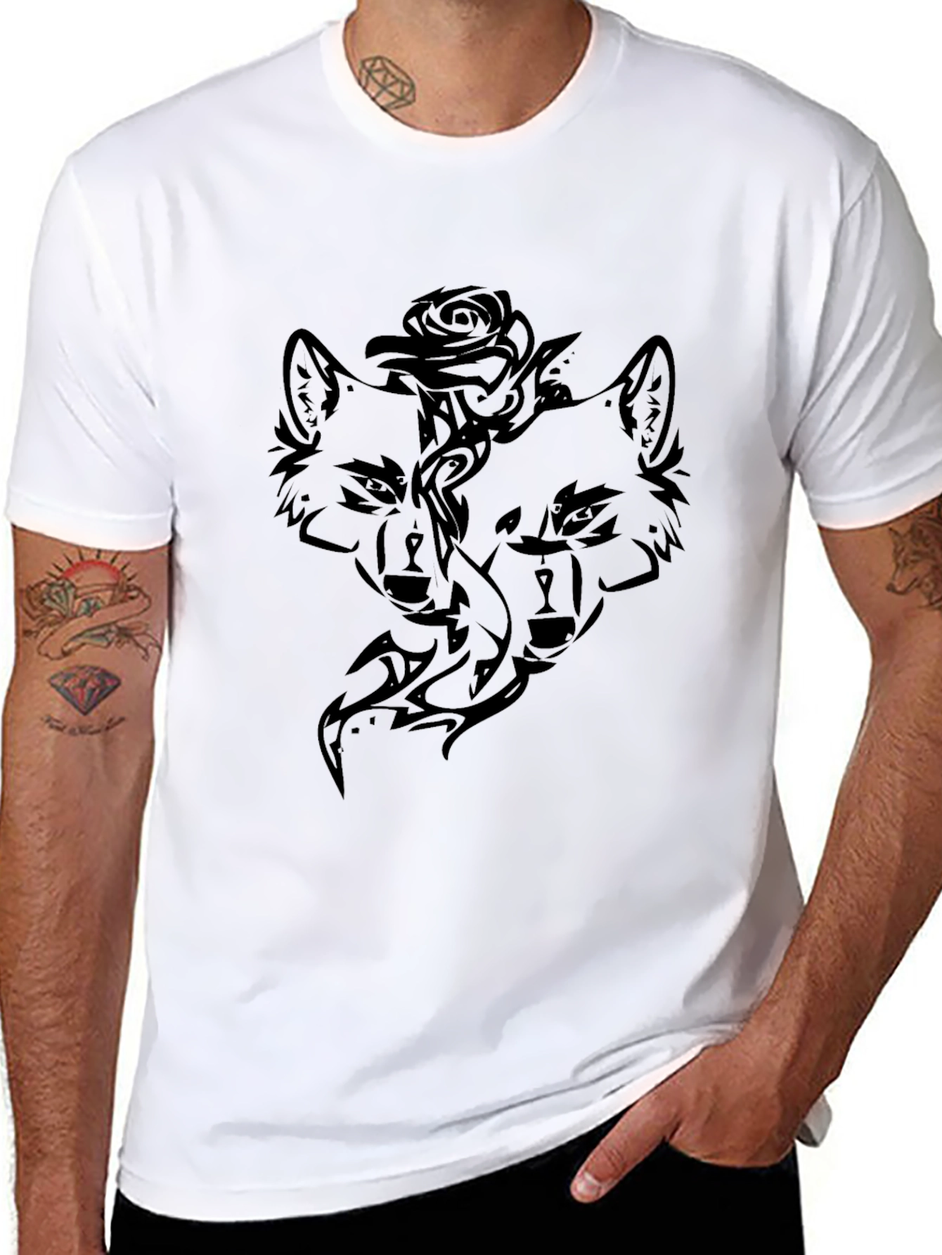 Tribal Wolf & Rose Graphic Black T-Shirt