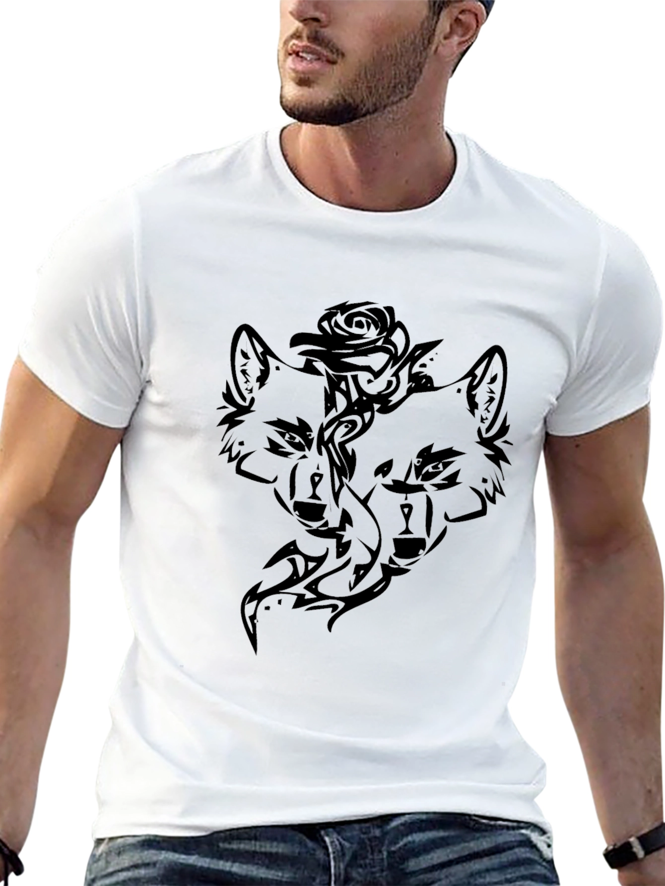 Tribal Wolf & Rose Graphic Black T-Shirt