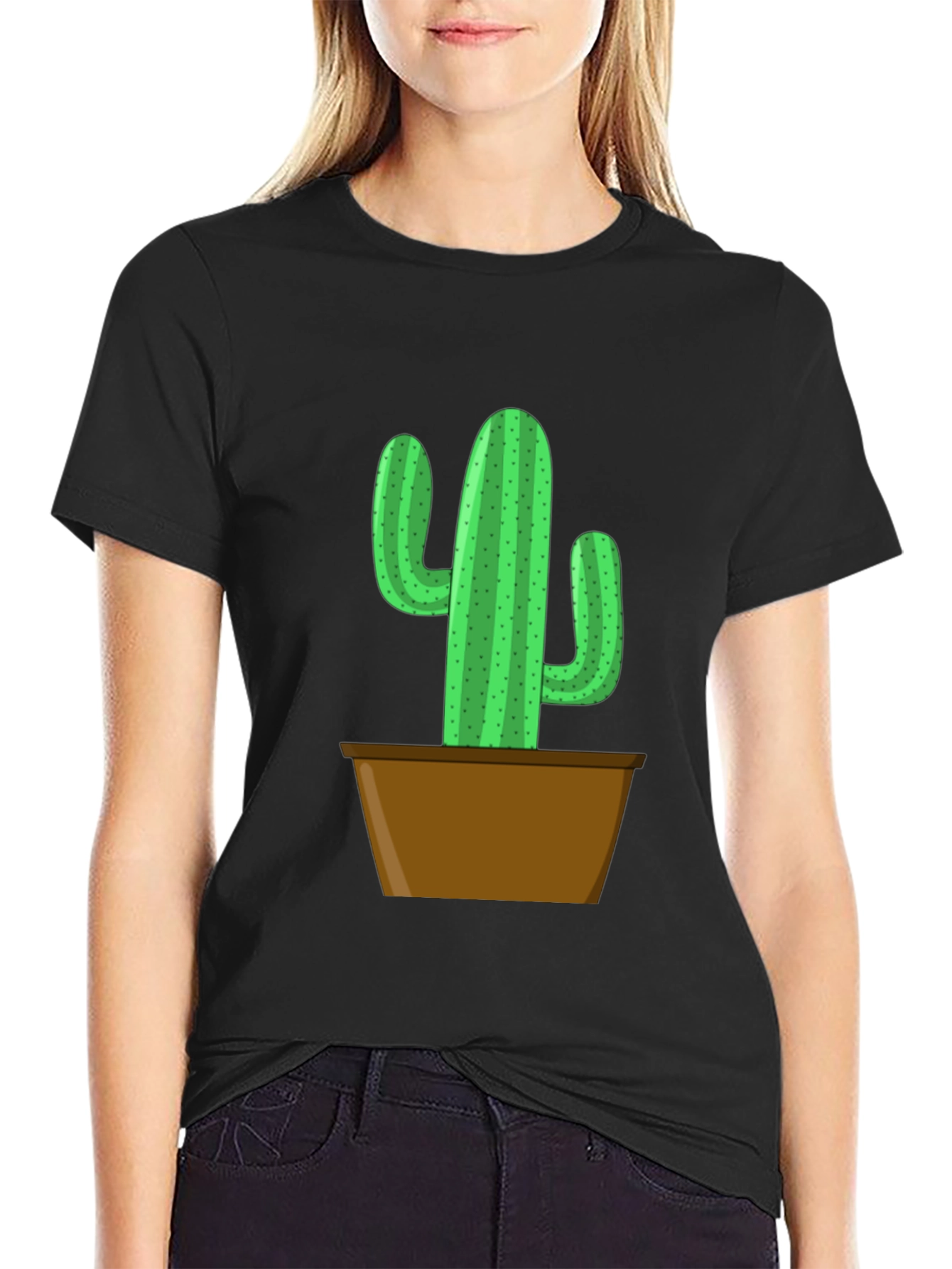 Potted Cactus Graphic Tee - Black Cotton Blend