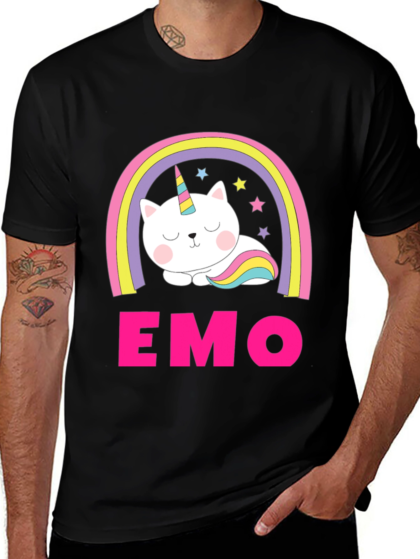Emo Cat Unicorn Rainbow Graphic T-Shirt