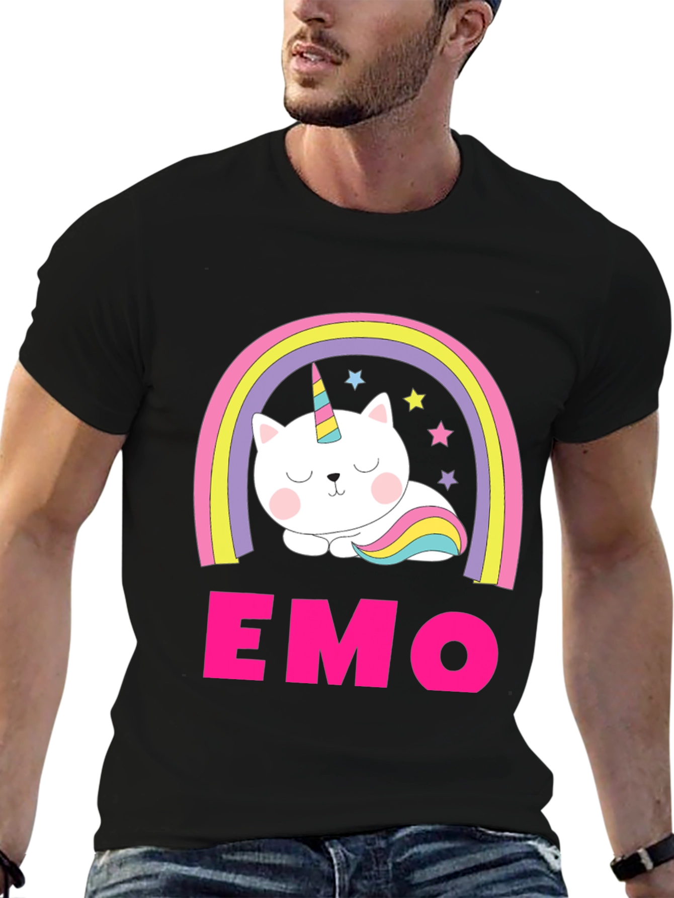 Emo Cat Unicorn Rainbow Graphic T-Shirt