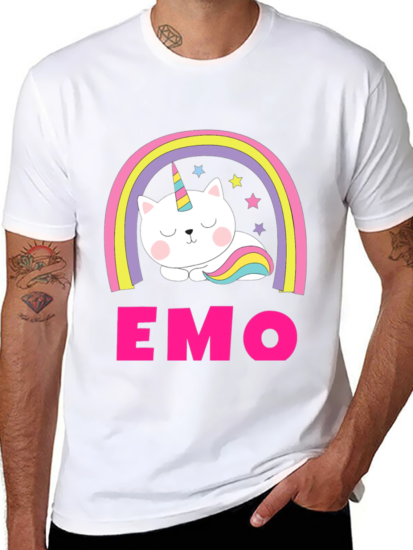 Emo Cat Unicorn Rainbow Graphic T-Shirt