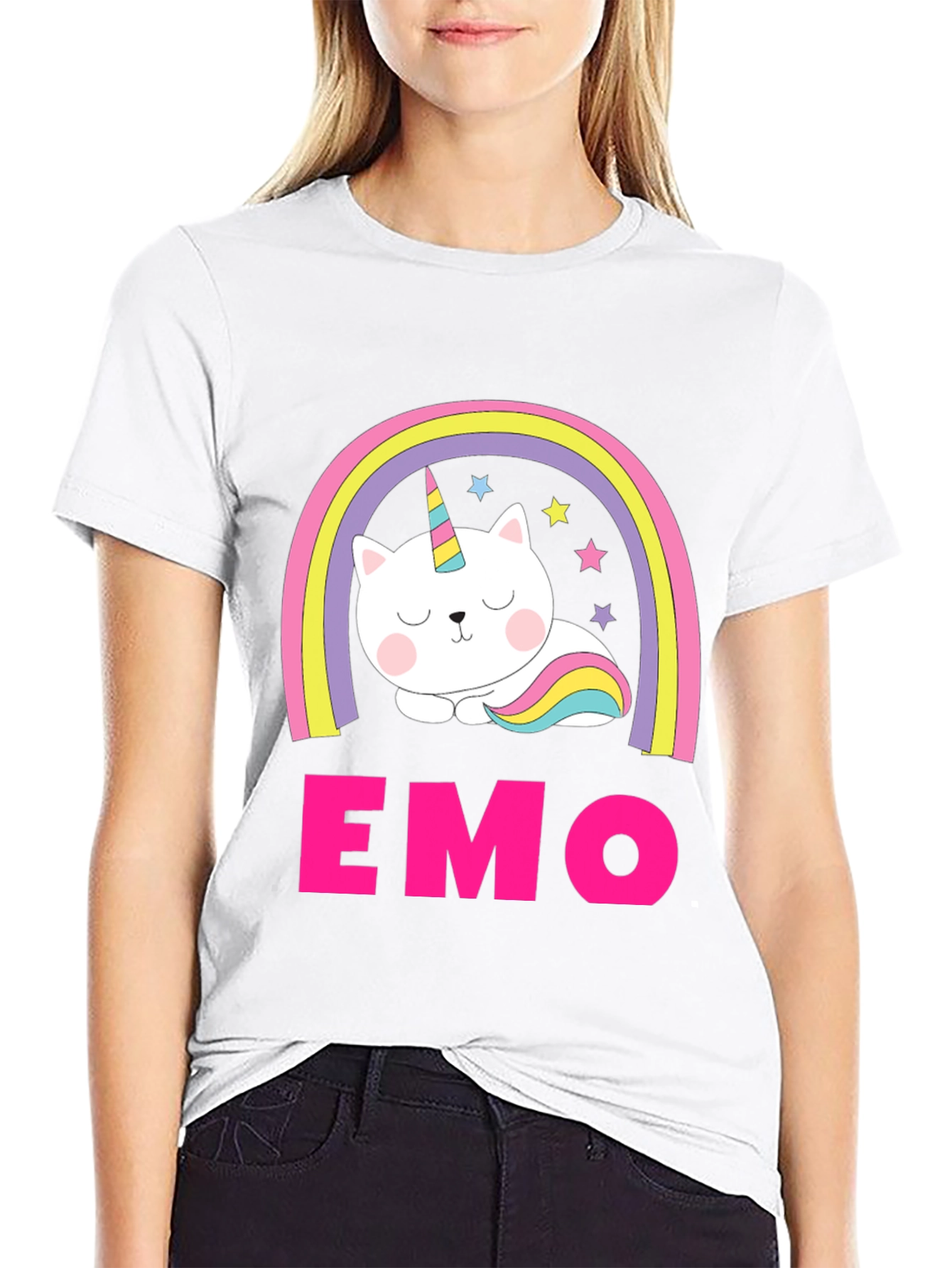 Emo Cat Unicorn Rainbow Graphic T-Shirt